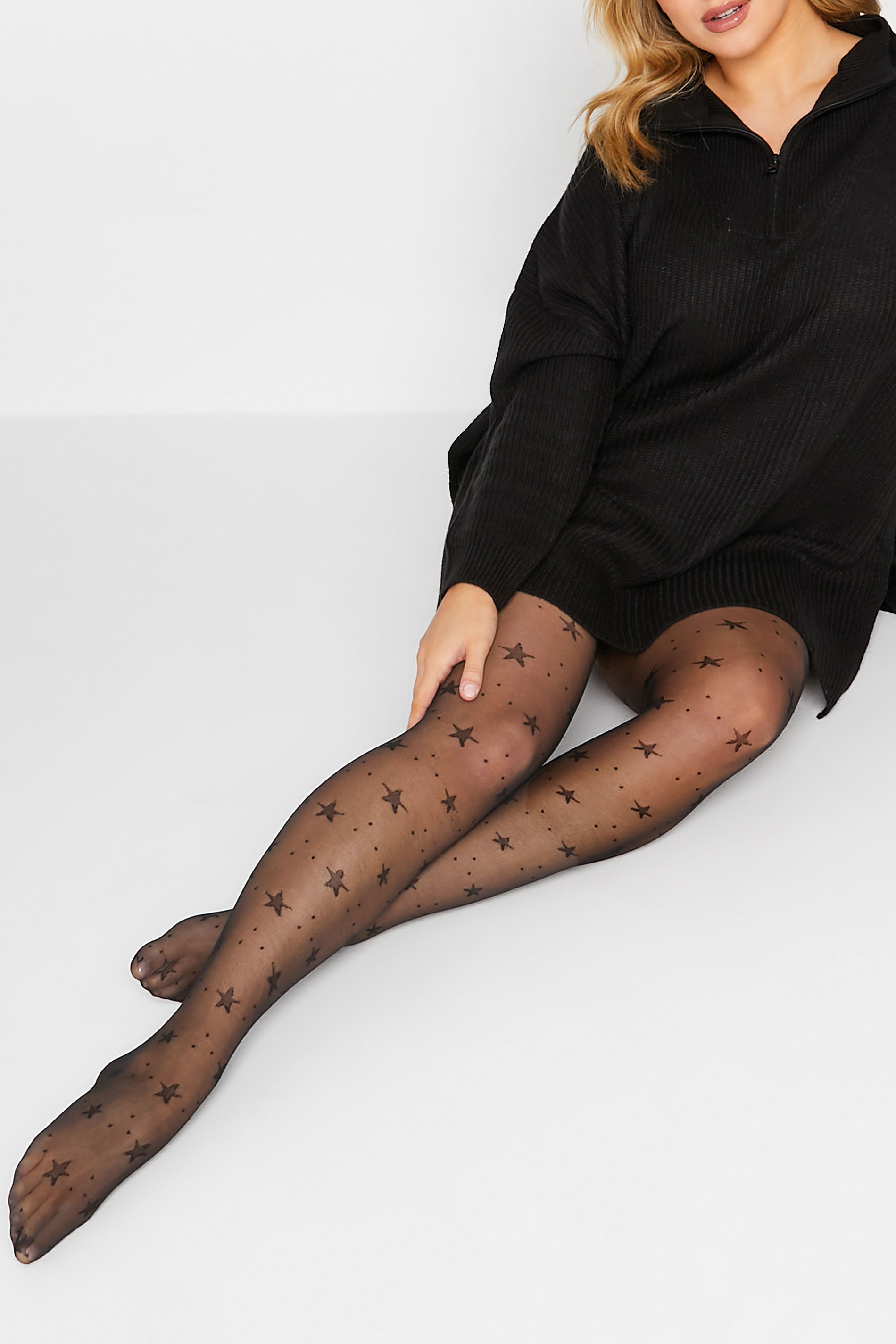 Plus Size Black Star Polka Dot Pattern Tights | Yours Clothing 1