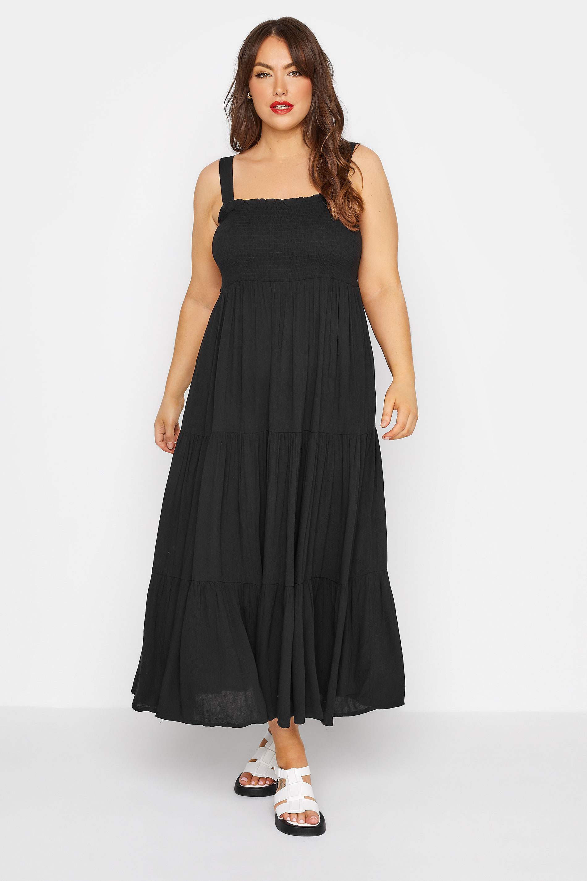 LIMIETD COLLECTION Curve Black Strappy Shirred Tier Dress_A.jpg