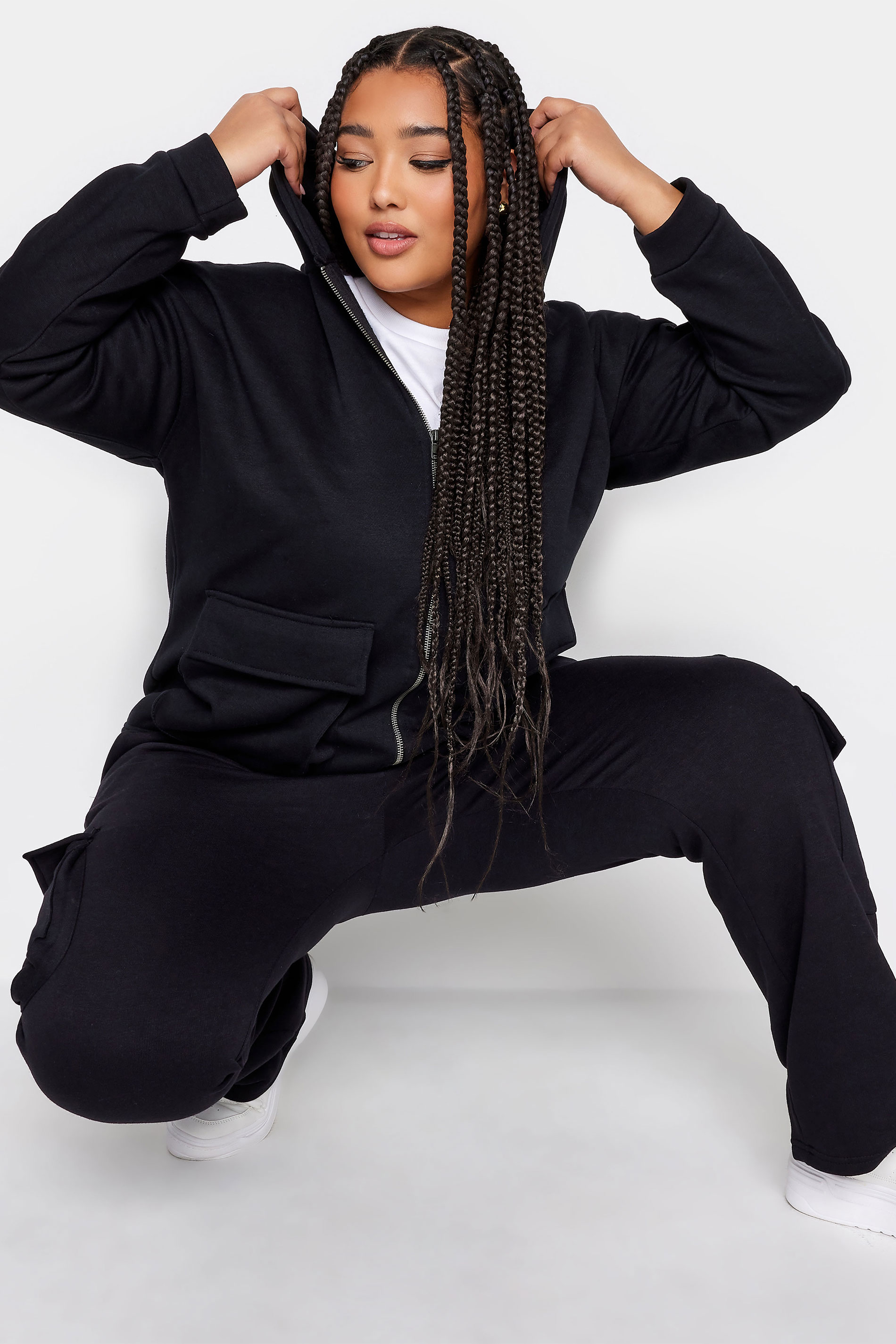 YOURS Plus Size Black Utility Pocket Zip Through Hoodie | Yours Clothing 1