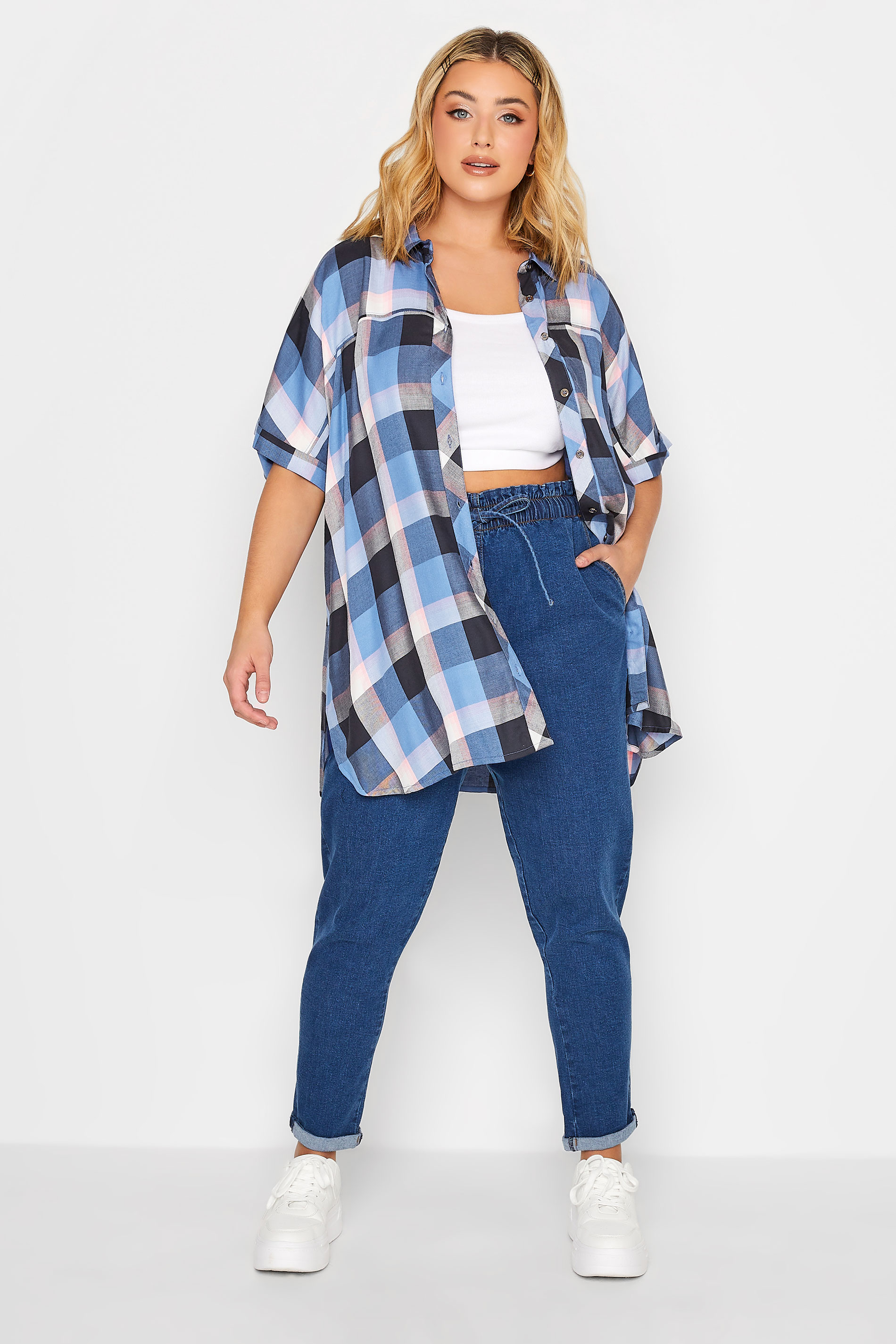 YOURS Plus Size Curve Blue & Pink Check Short Sleeve Shirt | Yours Clothing  2