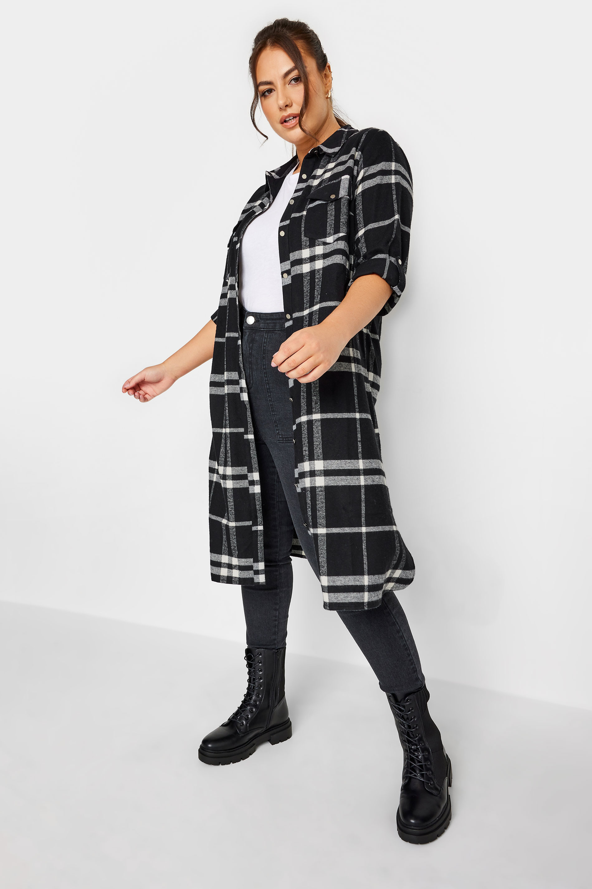 YOURS Plus Size Black Check Print Longline Shirt | Yours Clothing 1