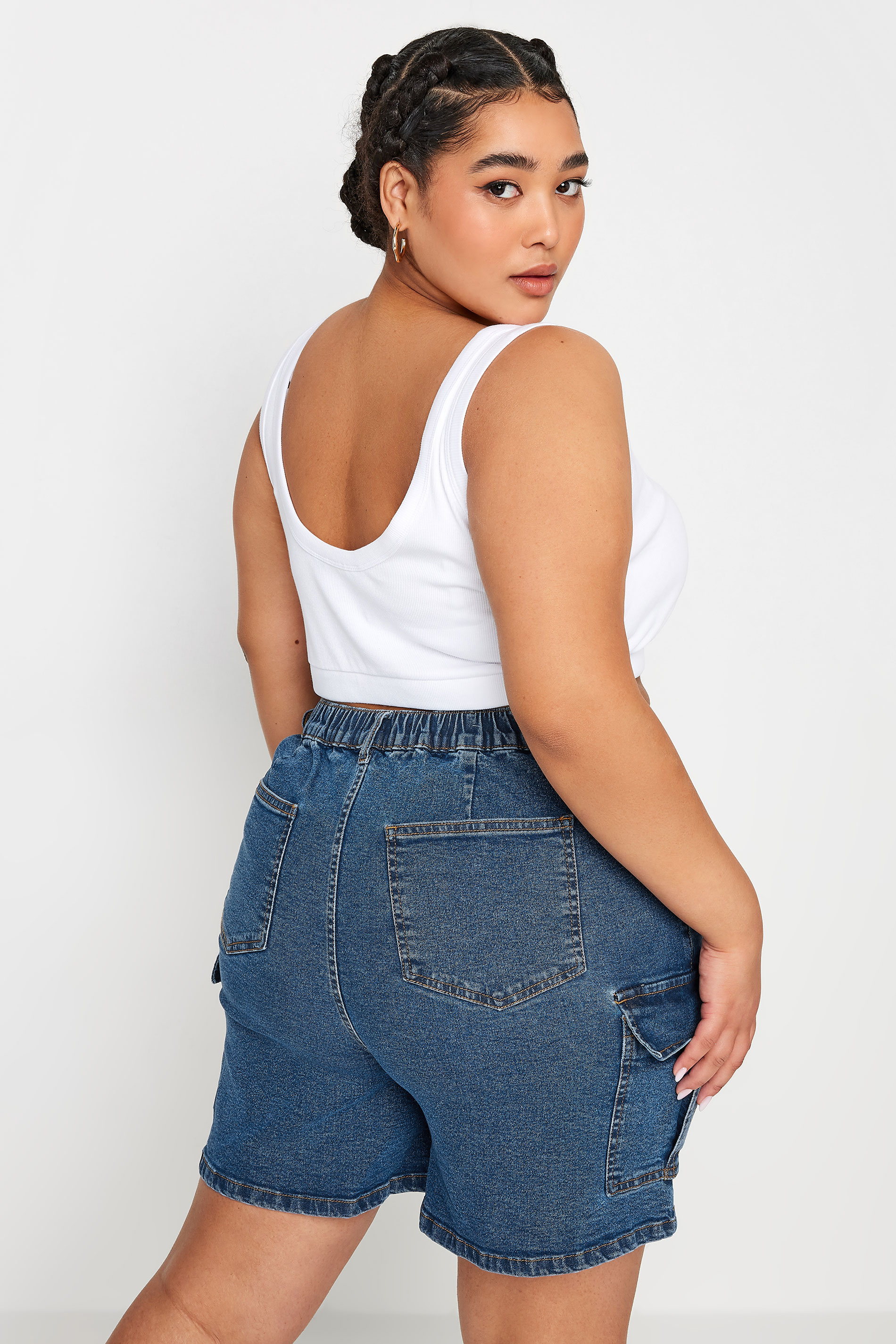 YOURS Plus Size Mid Blue Stretch Denim Cargo Shorts | Yours Clothing 3