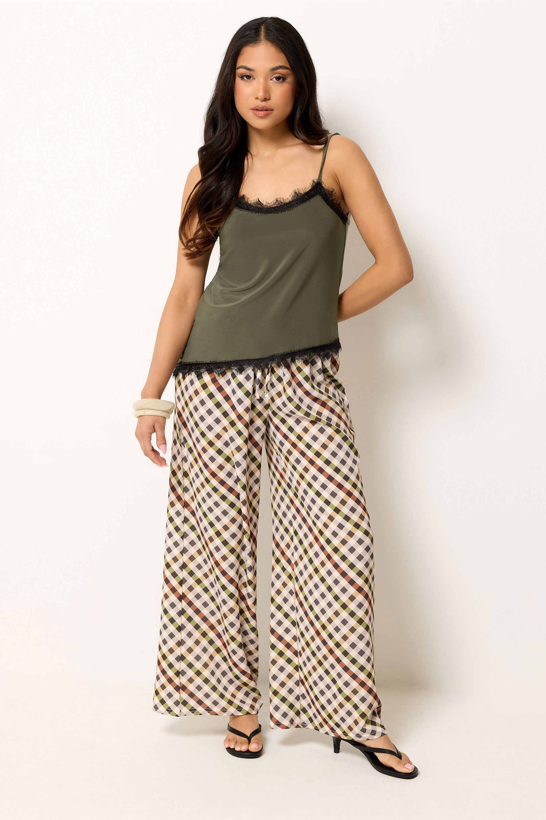 PixieGirl Petite Women's Khaki Green Lace Trim Asymmetric Vest Top | PixieGirl 1