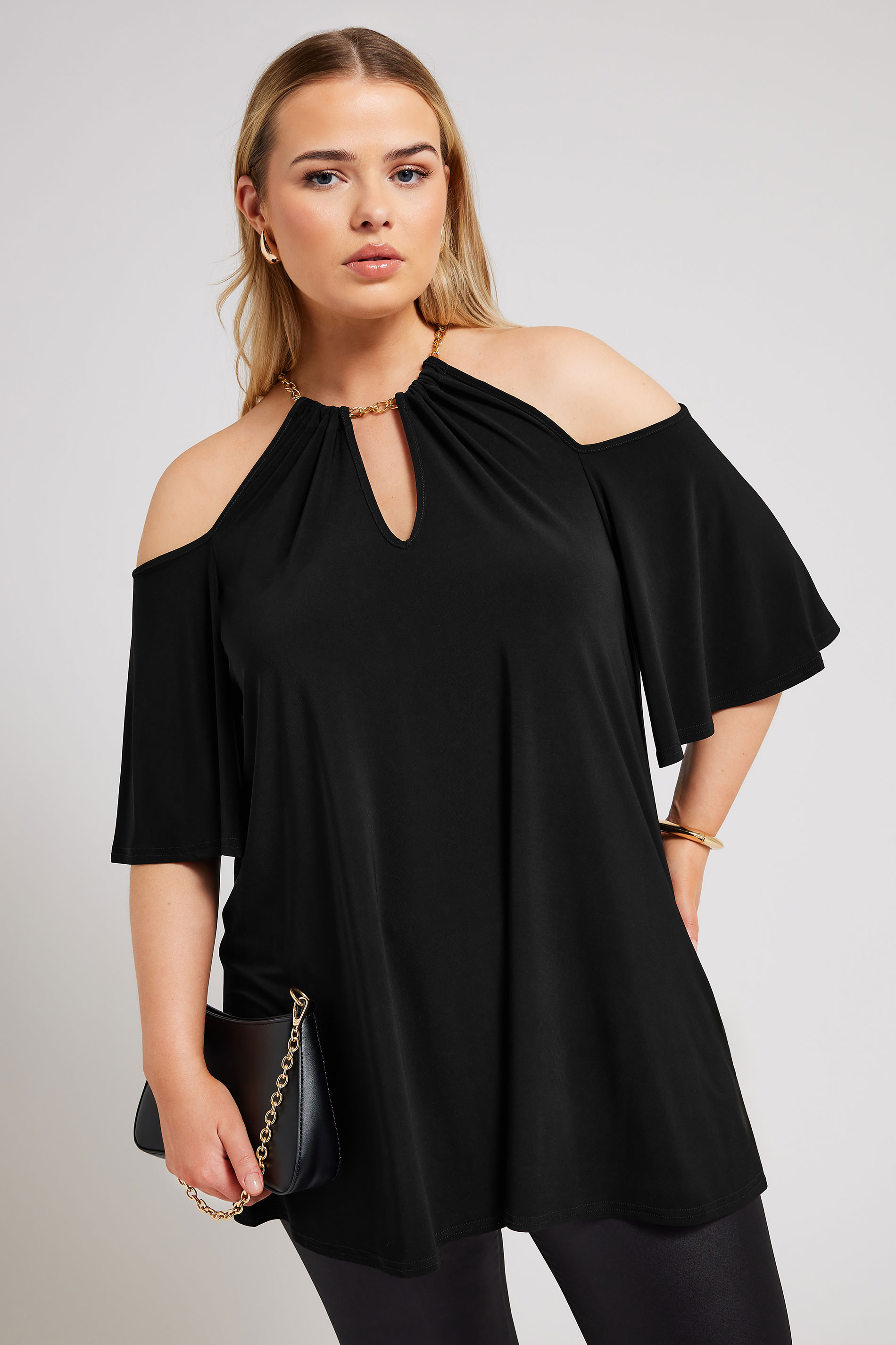 YOURS LONDON Plus Size Black Chain Cold Shoulder Top | Yours Clothing 2
