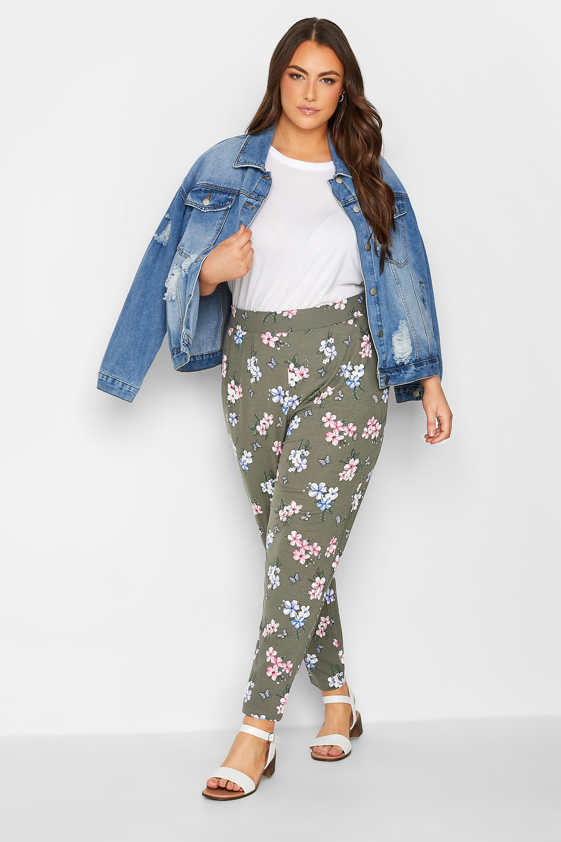YOURS Plus Size Khaki Green Butterfly Print Harem Trousers | Yours Clothing 2