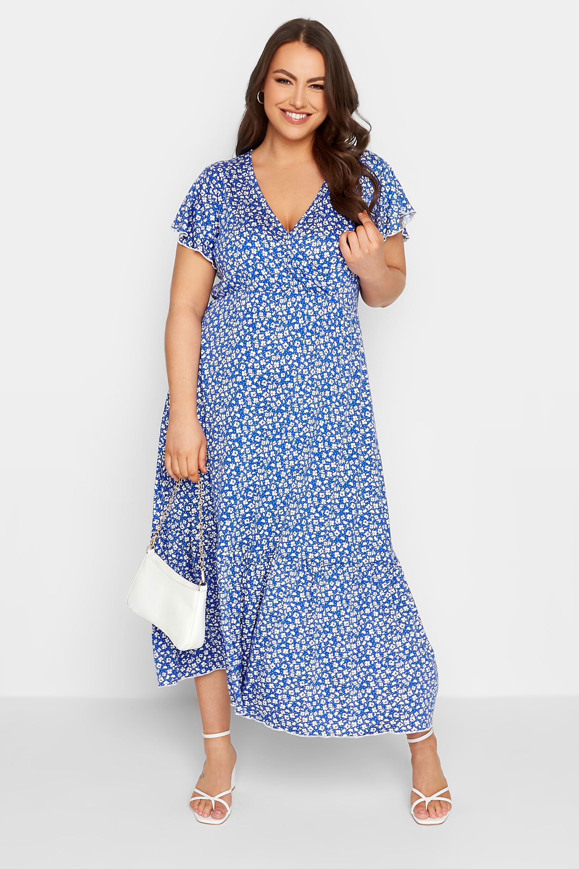 YOURS Plus Size Blue Ditsy Print Frill Sleeve Wrap Maxi Dress | Yours Clothing 2