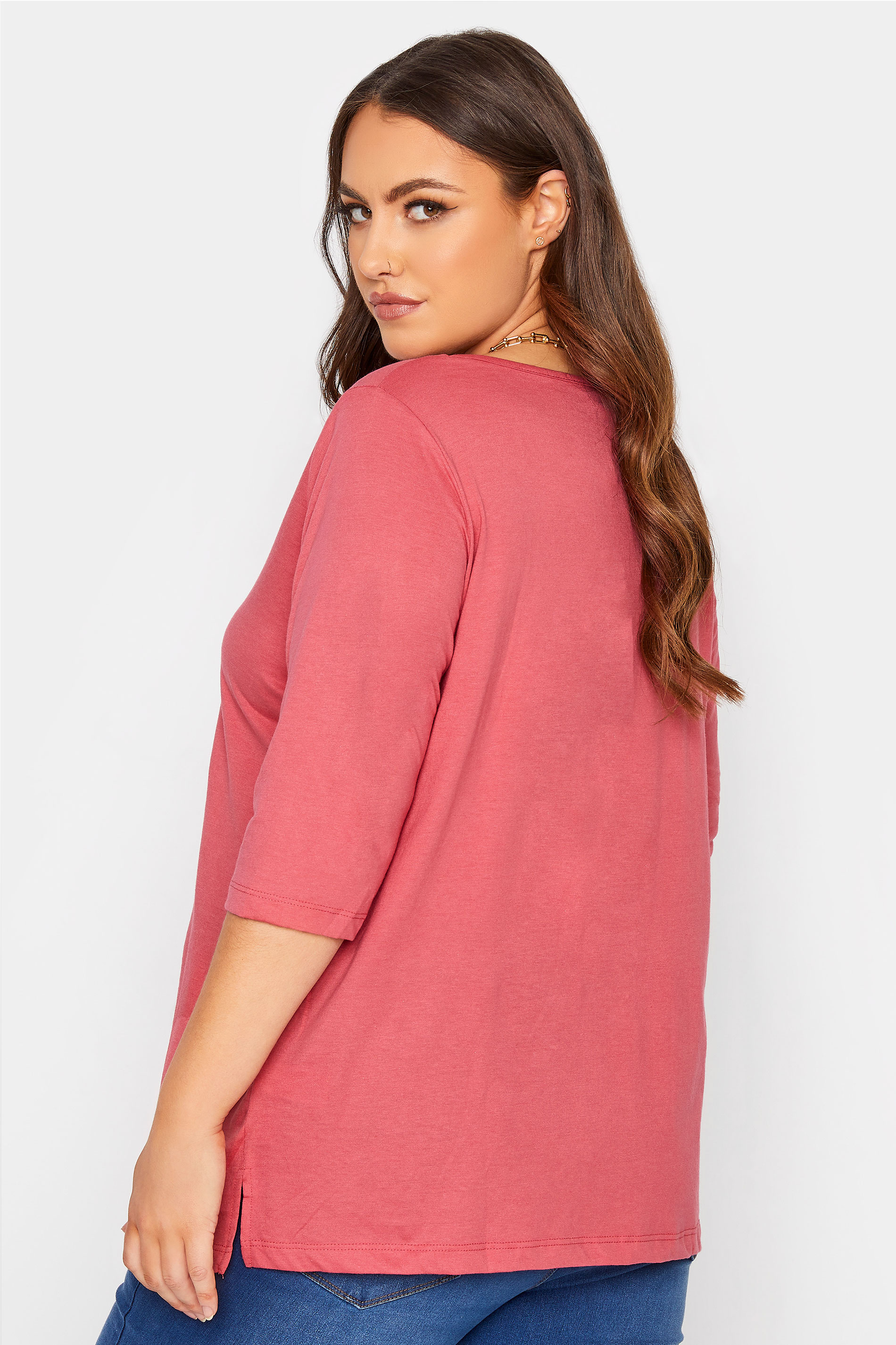Grande taille  Tops Grande taille  T-Shirts | T-Shirt Rose Col V Manches Longues - FE09512