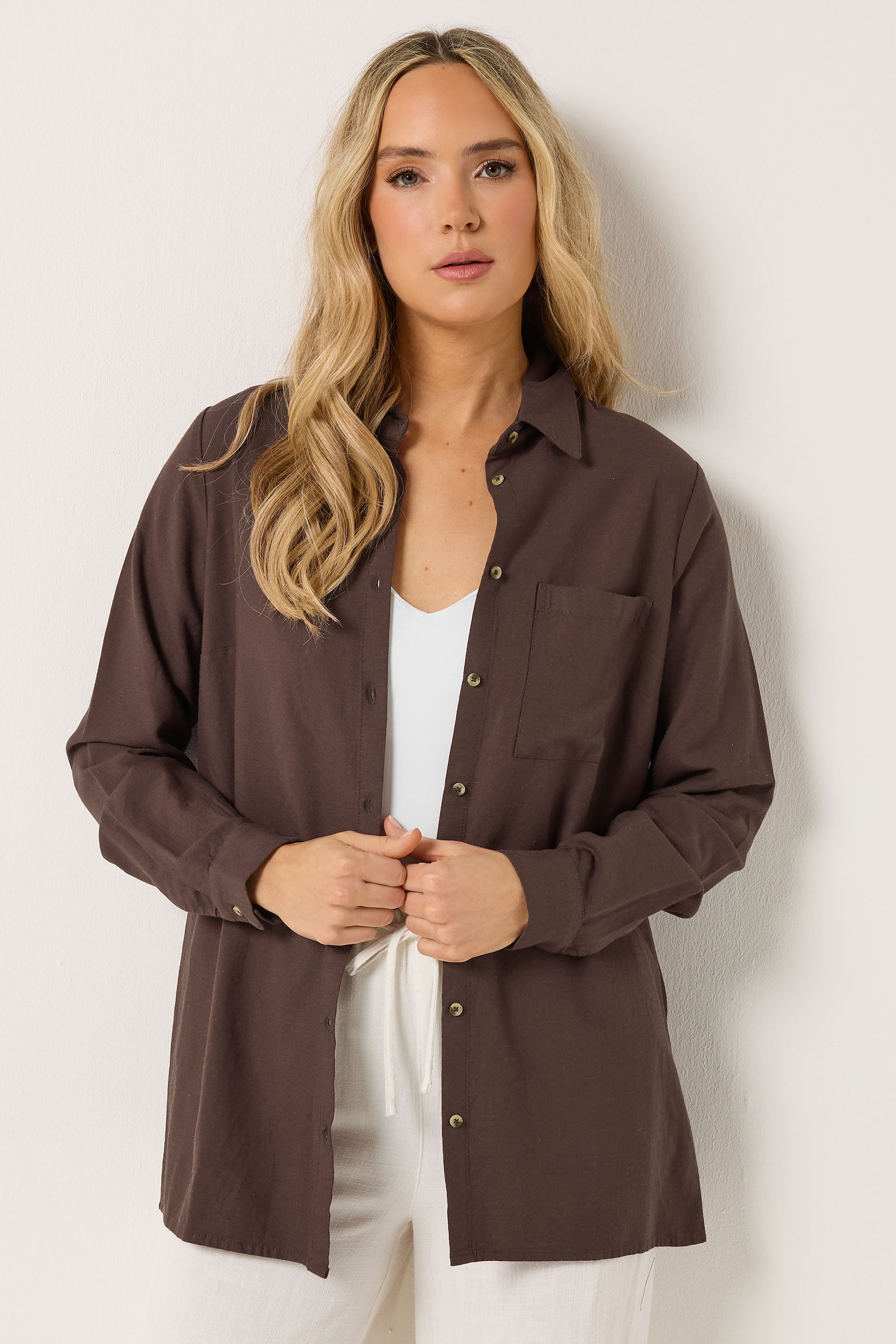 LTS Tall Women's Chocolate Brown Linen Long Sleeve Shirt | Long Tall Sally 3
