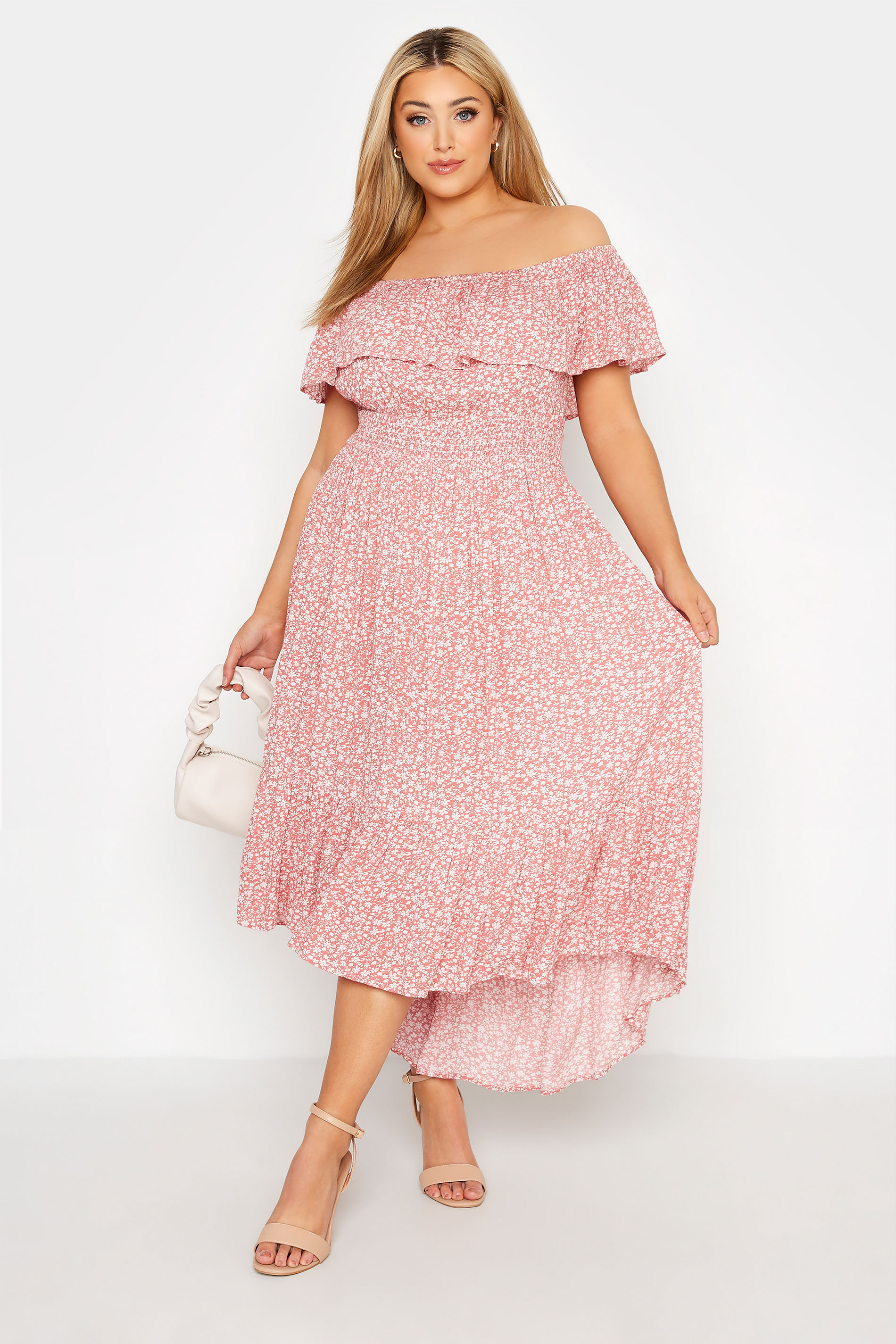 Robes Grande Taille Grande taille  Robes Style Bardot | YOURS LONDON - Robe Rose Floral Midi Design Bardot - CS76607