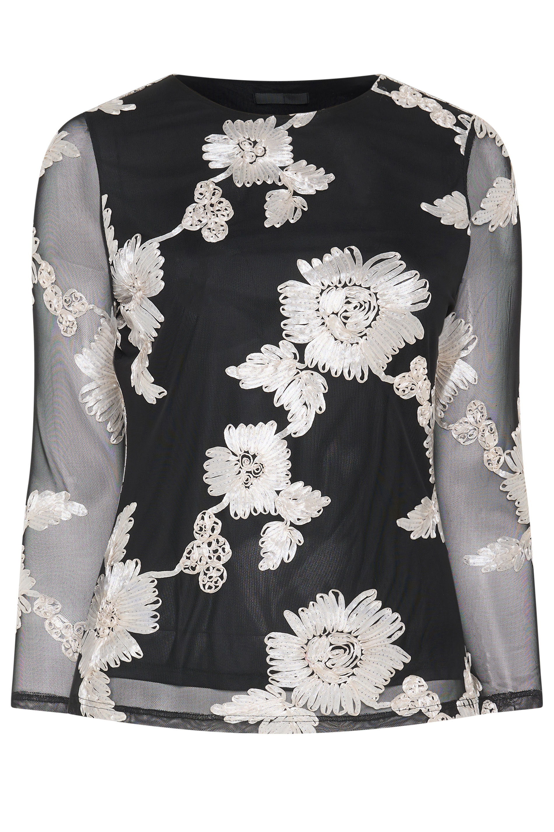 Yours London Yours Zwarte Monochrome Top Van Mesh Met Bloemenprintsize 38