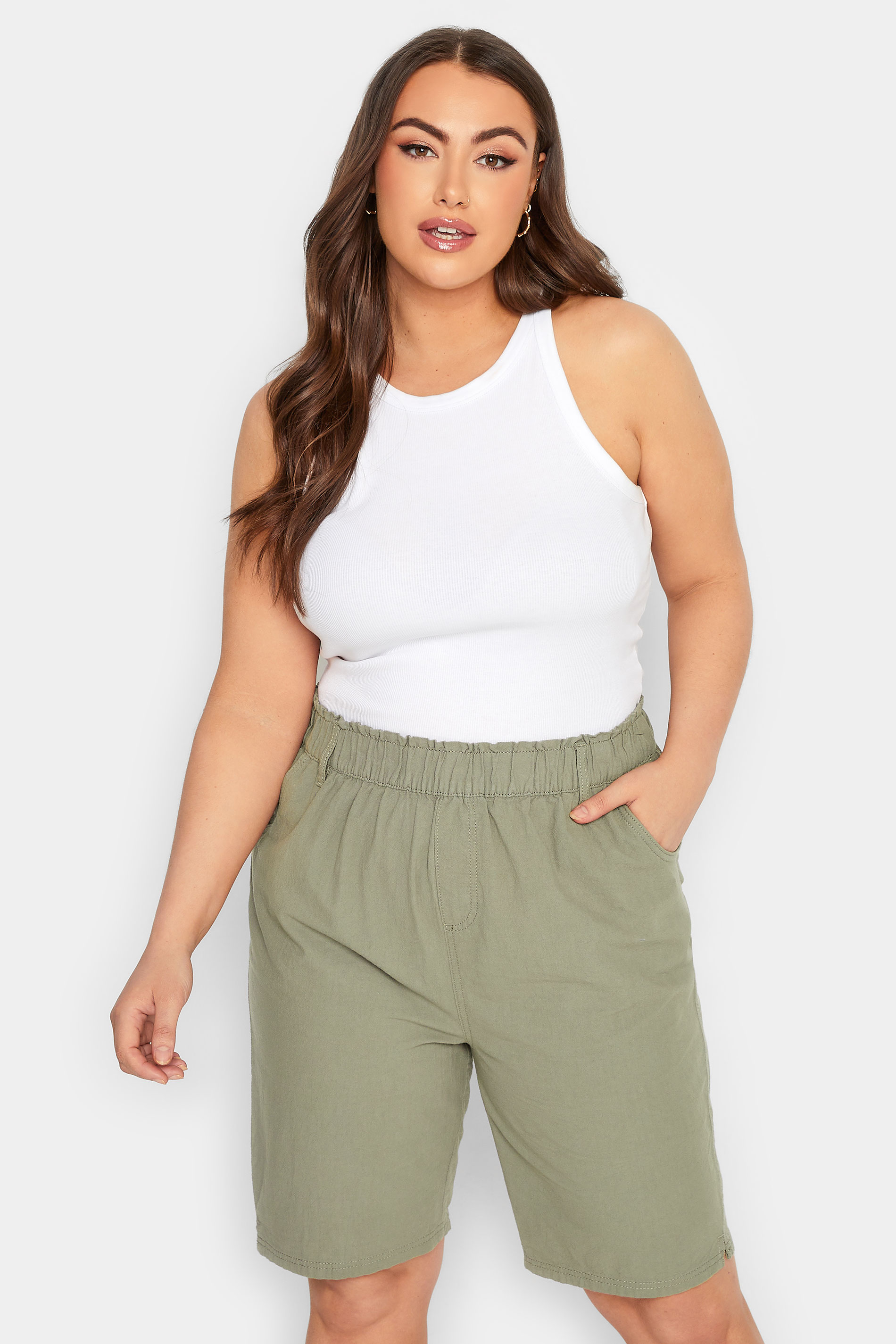 YOURS Plus Size Curve Khaki Green Cotton Shorts | Yours Clothing 1