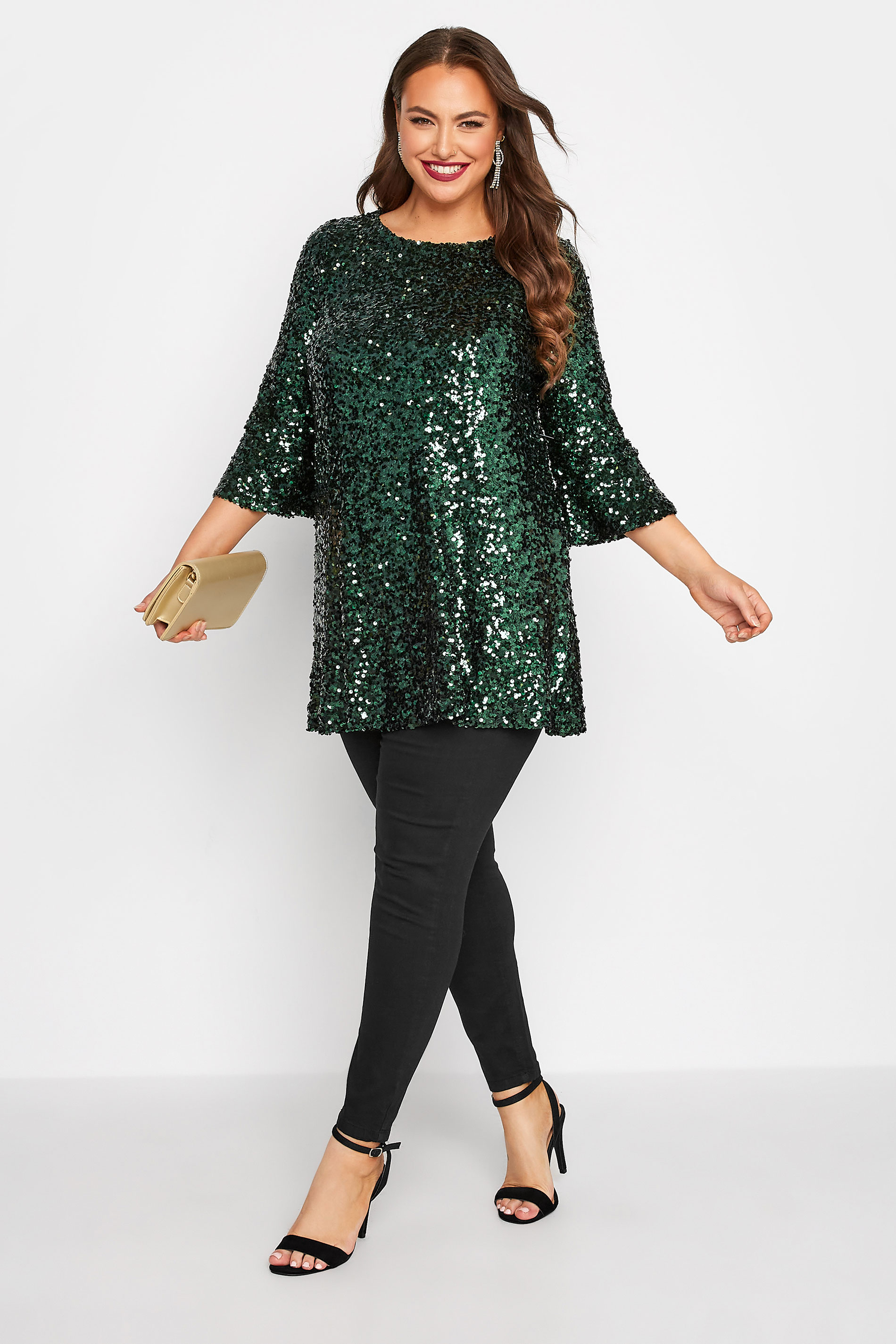 YOURS LONDON Plus Size Green Sequin Embellished Flute Sleeve Top | Yours Clothing 3