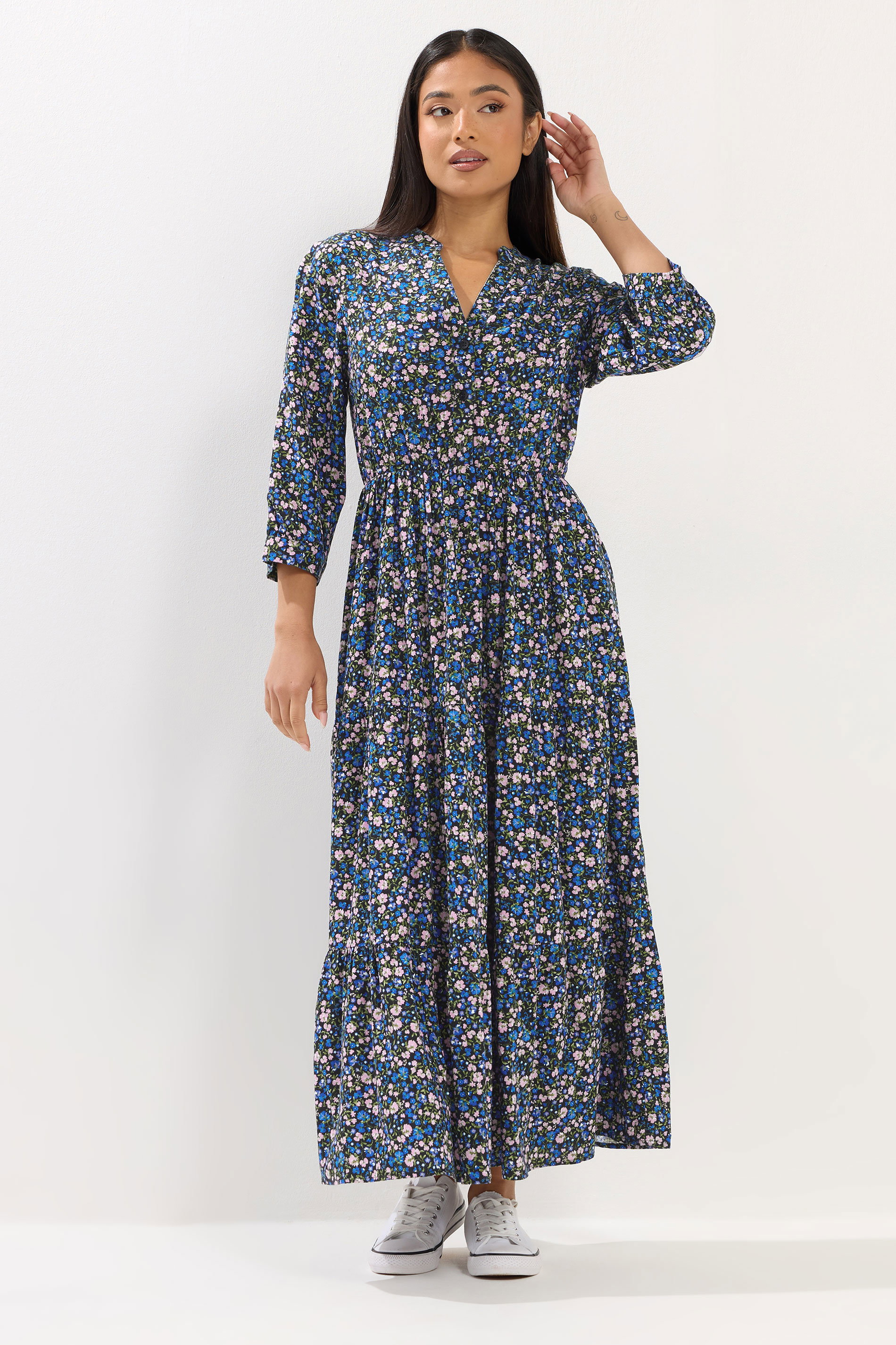 M&Co Petite Women's Blue Ditsy Floral Tiered Maxi Dress | M&Co 1