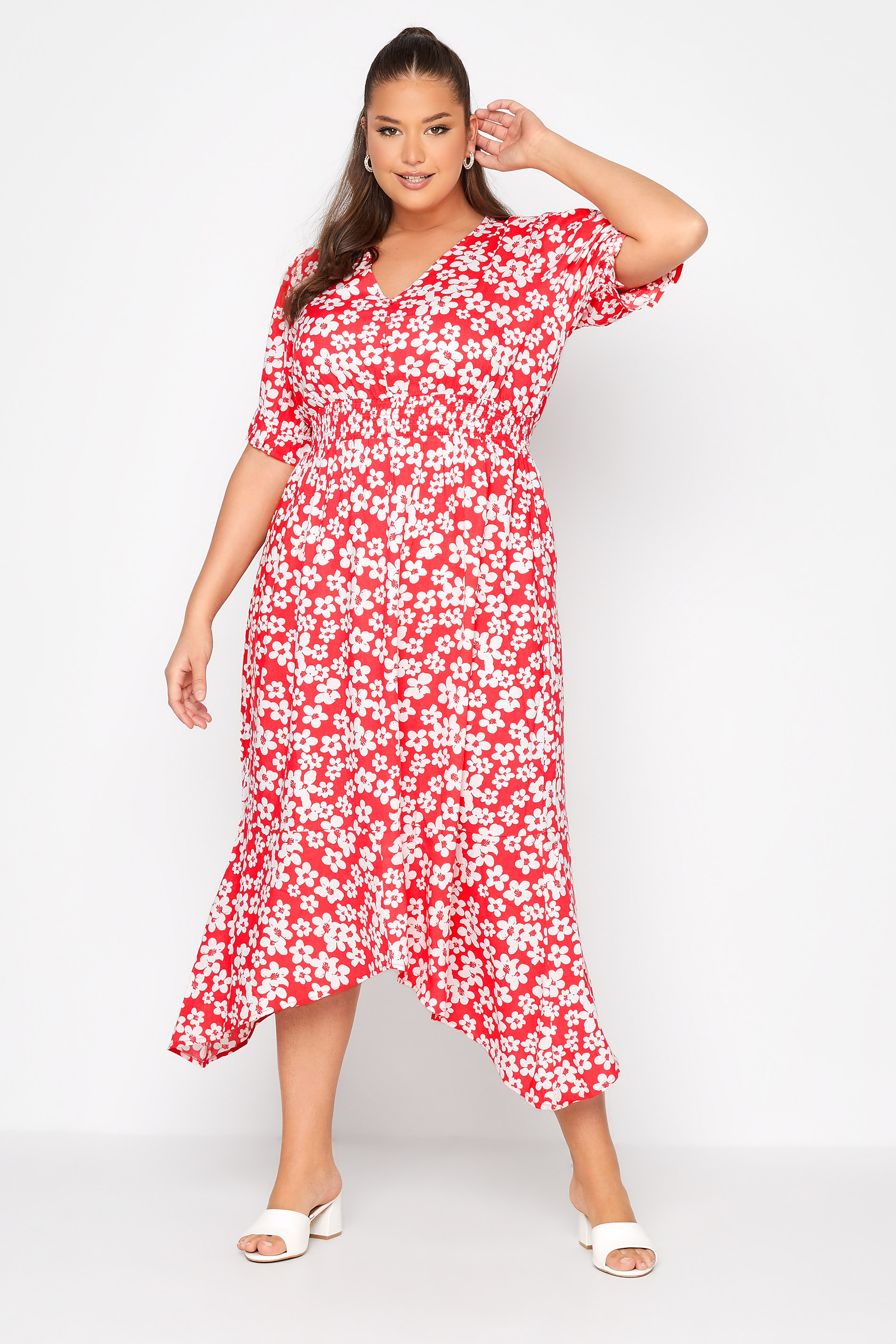 LIMITED COLLECTION Plus Size Red Floral Hanky Hem Dress | Yours Clothing 1