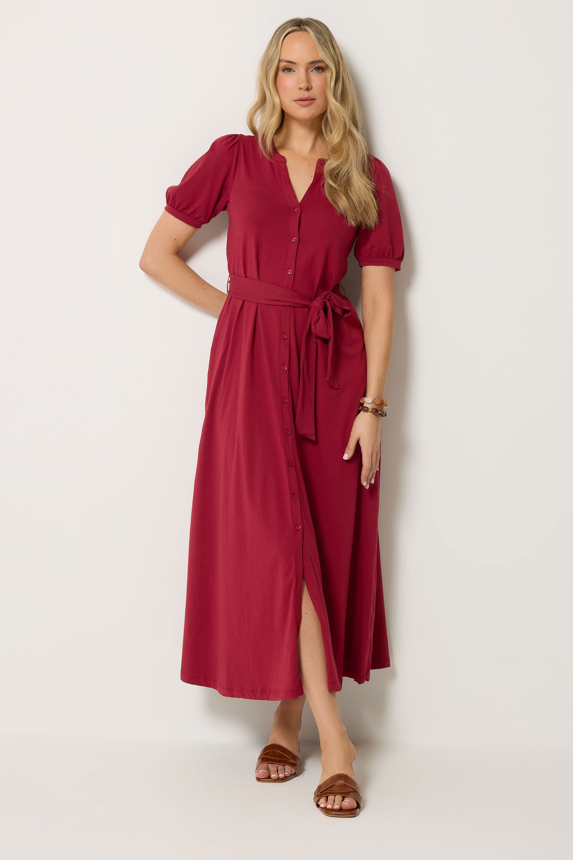 LTS Tall Women's Berry Red Button Belted Cotton Midi Dress | Long Tall Sally  3