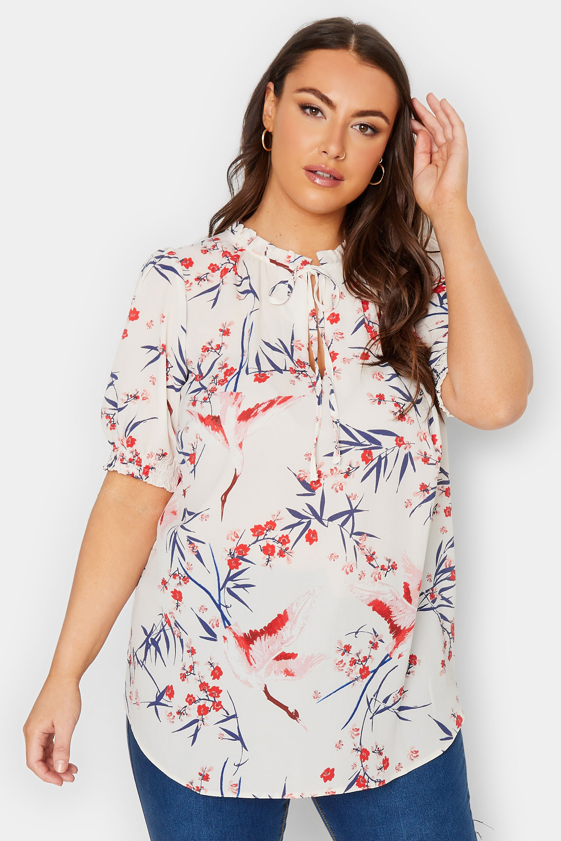 YOURS Plus Size Cream Floral Print Tie Neck Blouse | Yours Clothing 1