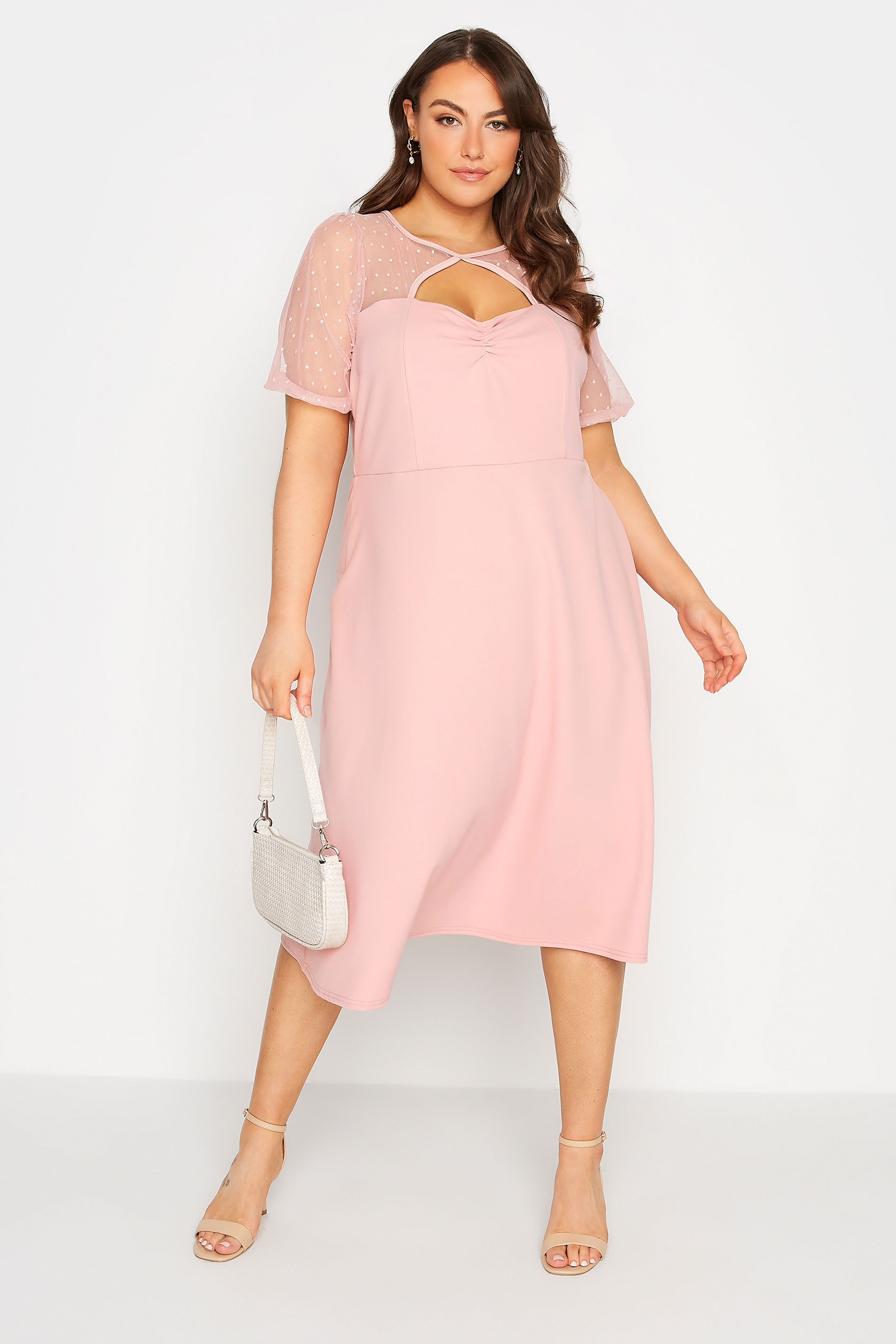 YOURS LONDON Plus Size Pink Polka Dot Mesh Midi Skater Dress | Yours Clothing 1