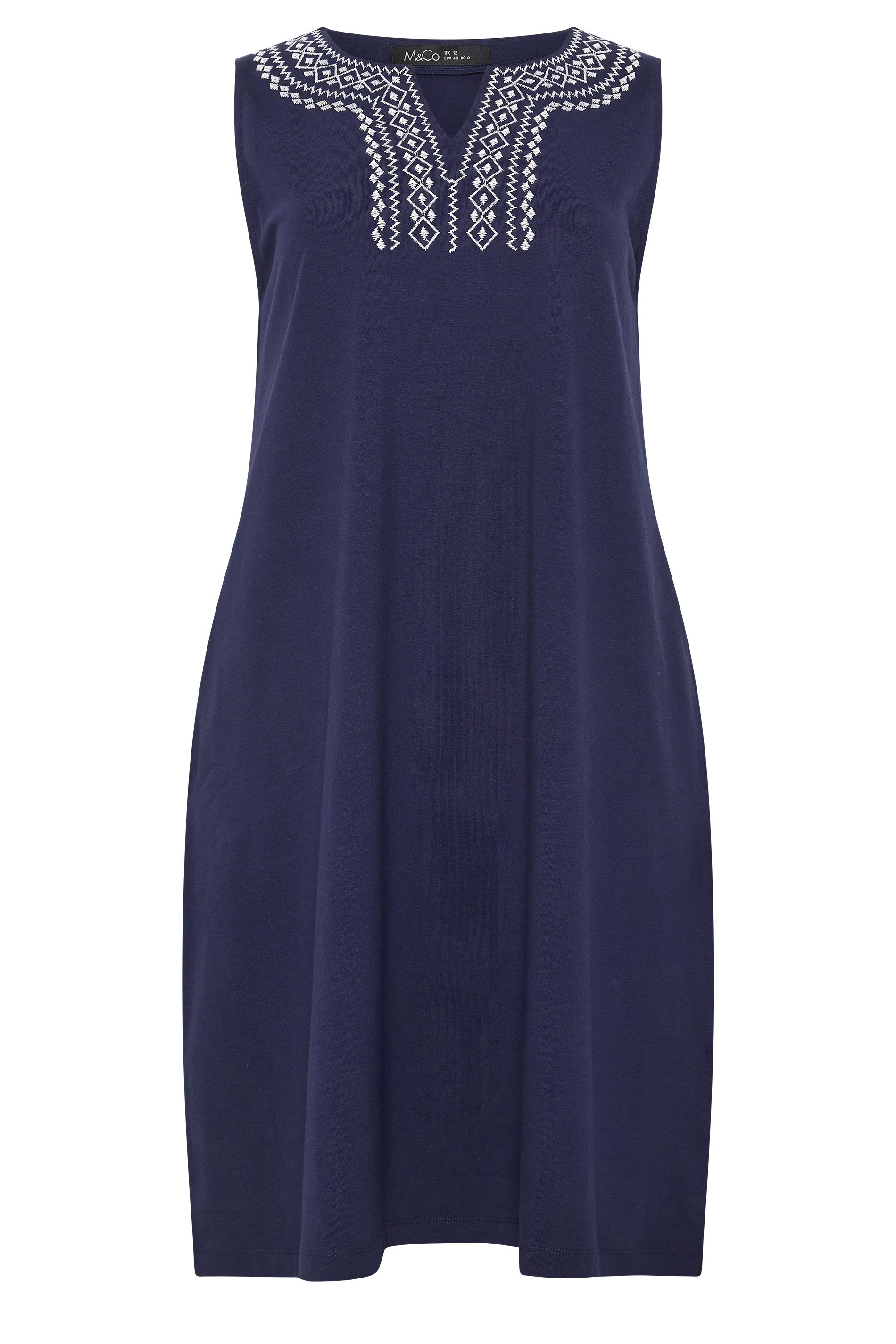 M&Co Navy Blue Embroidered Notch Neck Cotton Midi Dress | M&Co 5