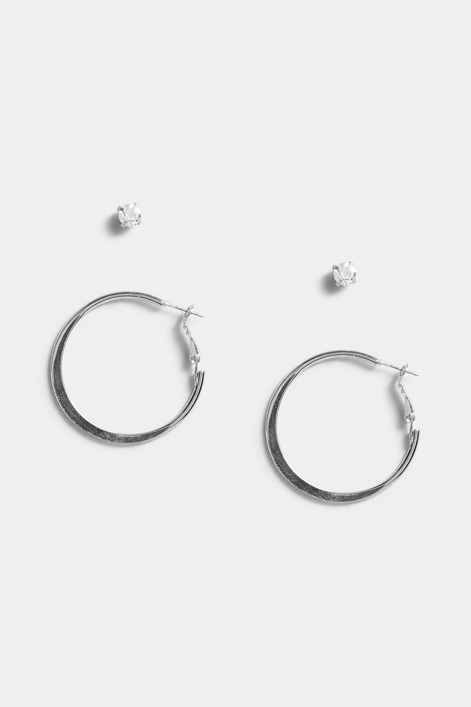 2 PACK Silver Stud Hoop Earrings Set | Yours Clothing 2
