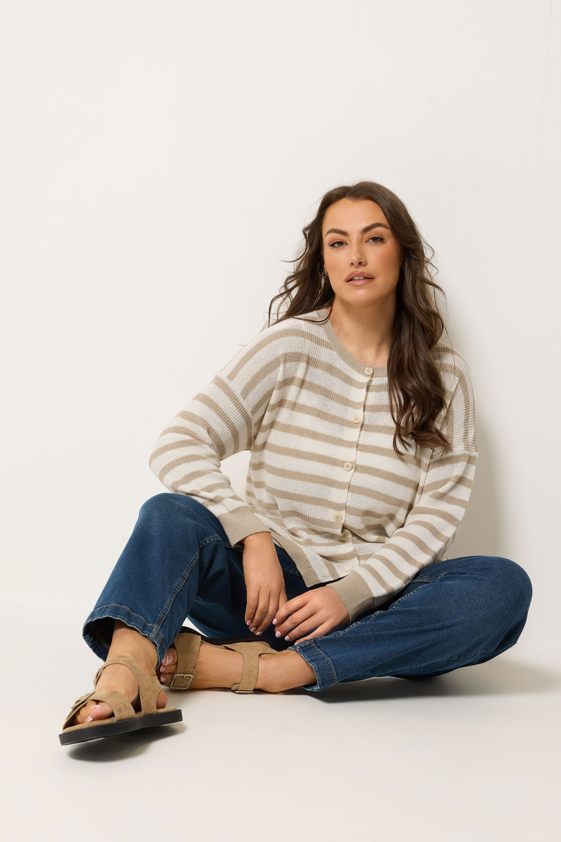 YOURS Plus Size Natural Brown Stripe Knitted Cardigan | Yours Clothing 3
