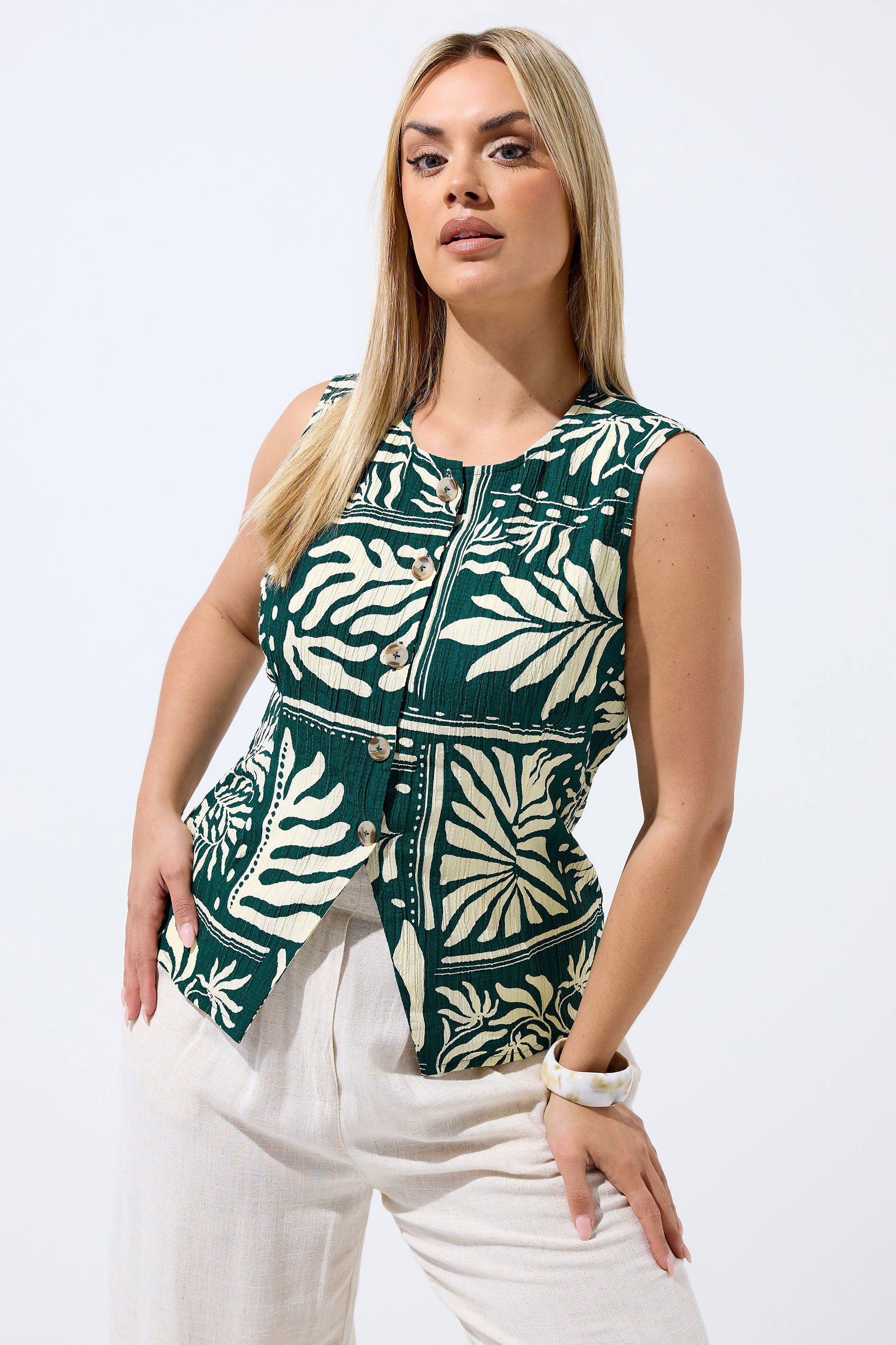 LIMITED COLLECTION Plus Size Green Palm Leaf Waistcoat | Yours Clothing 3