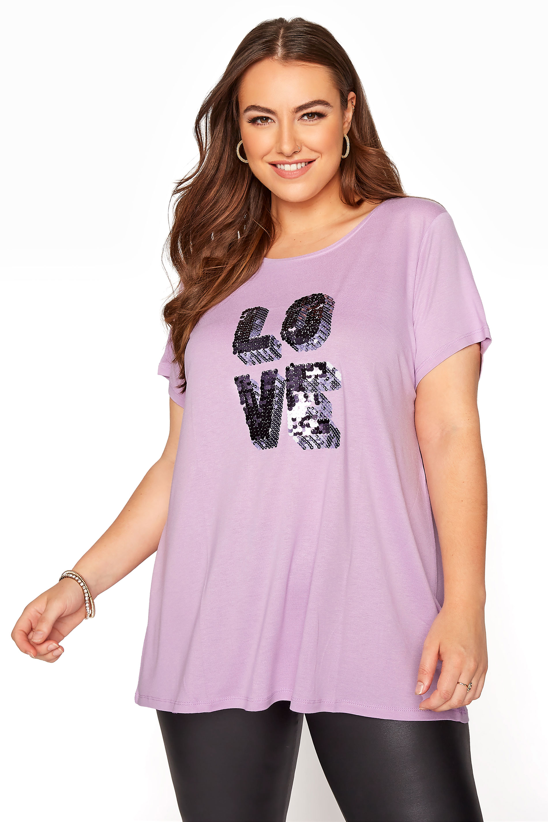 Grande taille  Tops Grande taille  T-Shirts | T-Shirt Lavande 'Love' Empiècement Sequins - QX50479
