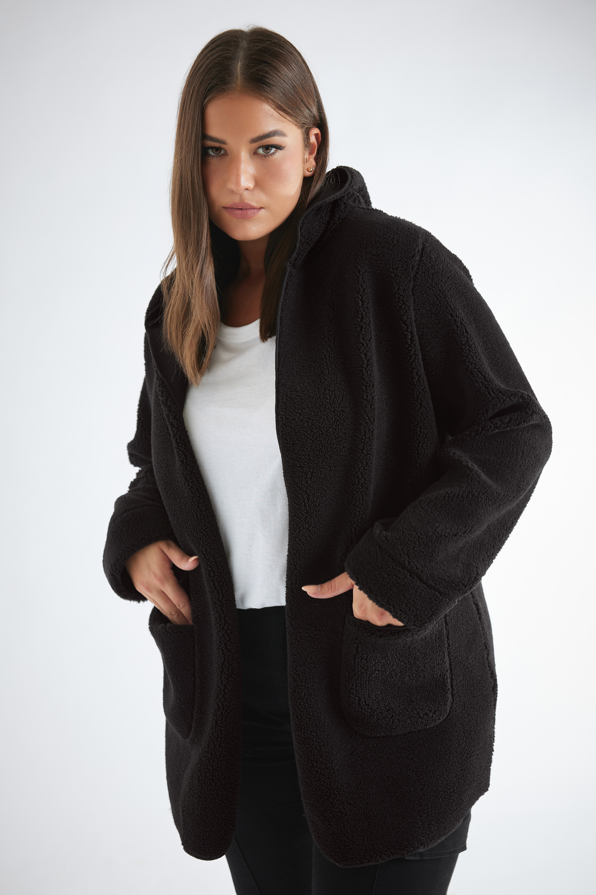 YOURS Plus Size Black Teddy Hooded Jacket | Yours Clothing 1