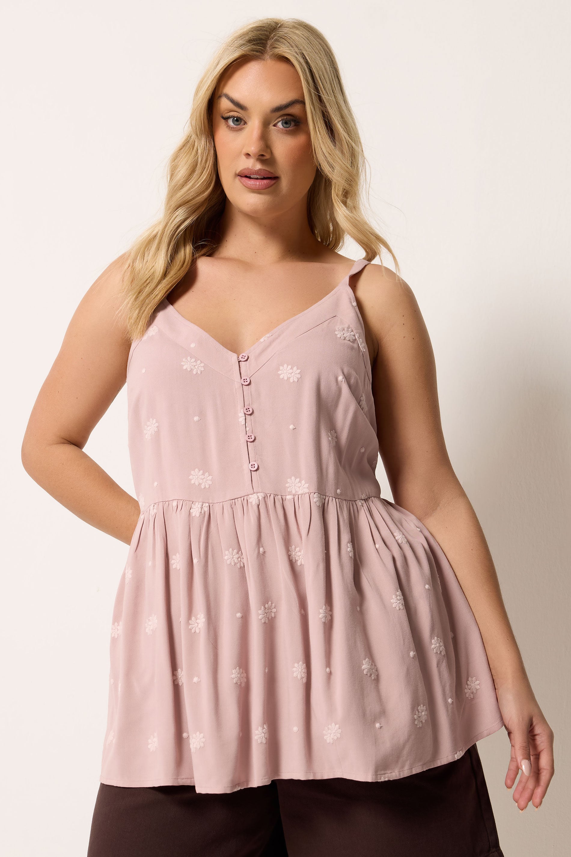 YOURS Plus Size Pink Embroidered Button Cami Vest Top | Yours Clothing 3
