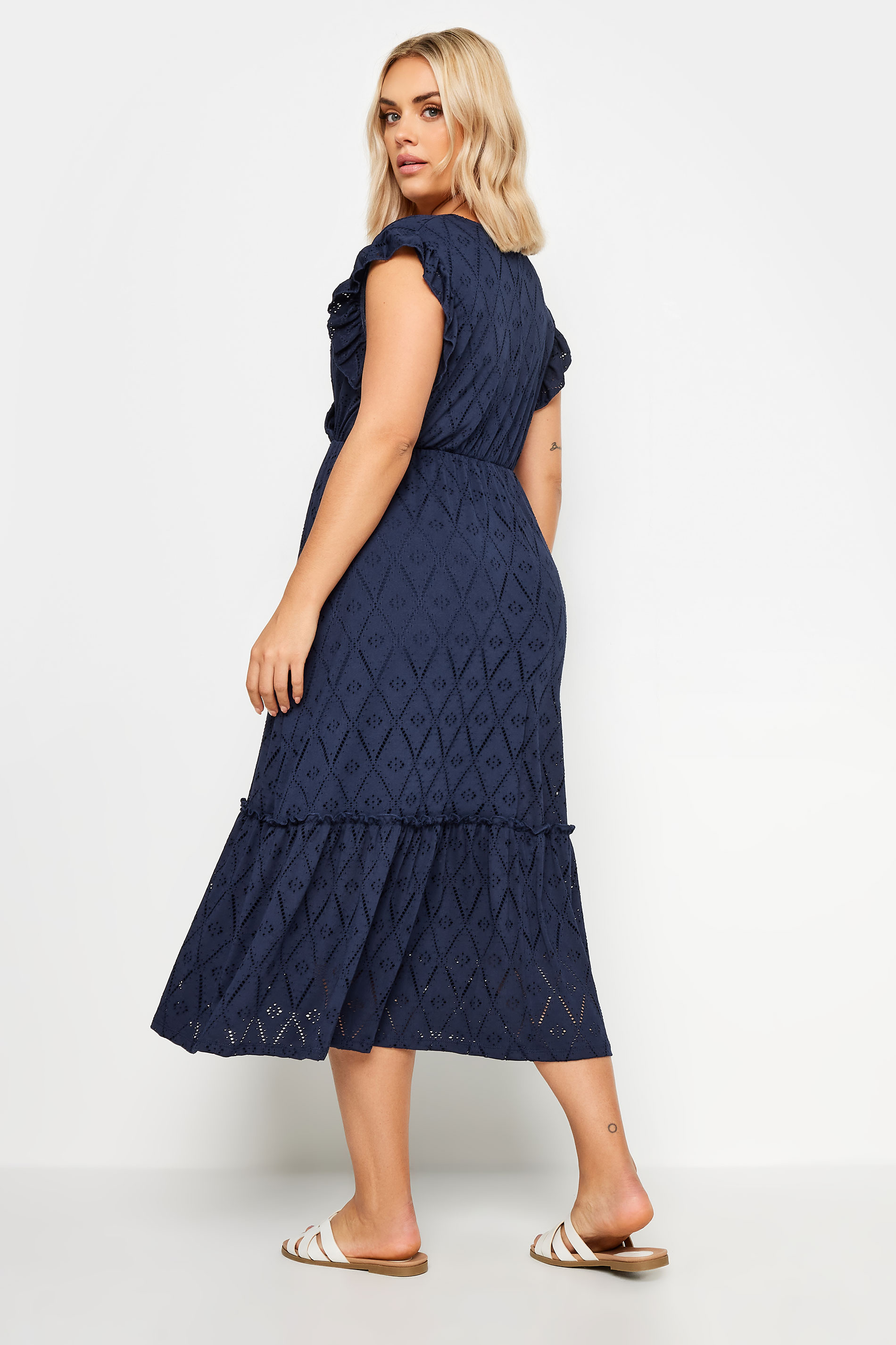YOURS Plus Size Navy Blue Broderie Anglaise Midaxi Dress | Yours Clothing 3