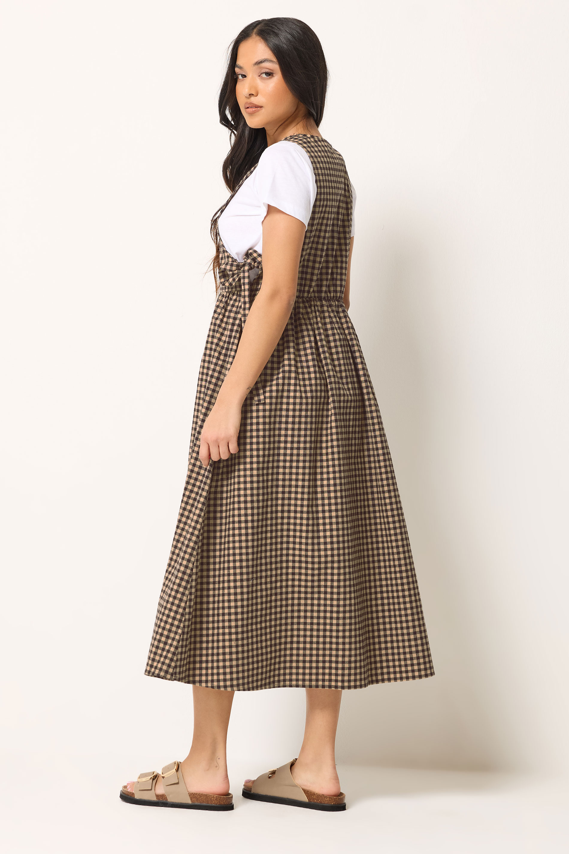 PixieGirl Petite Women's Brown Gingham Tie Side Pinafore Dress | PixieGirl 2