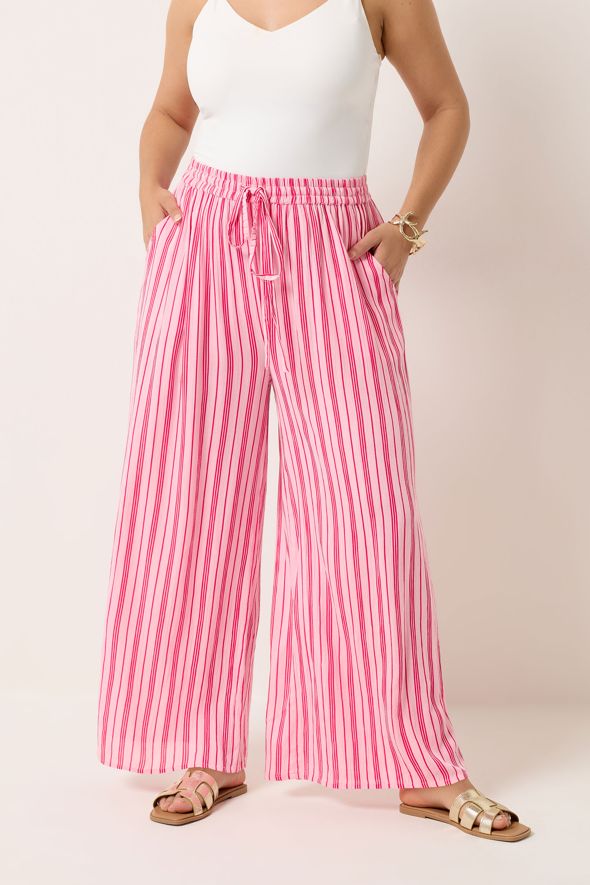 YOURS Plus Size Pink Stripe Crinkle Wide Leg Trousers | Yours Clothing 1