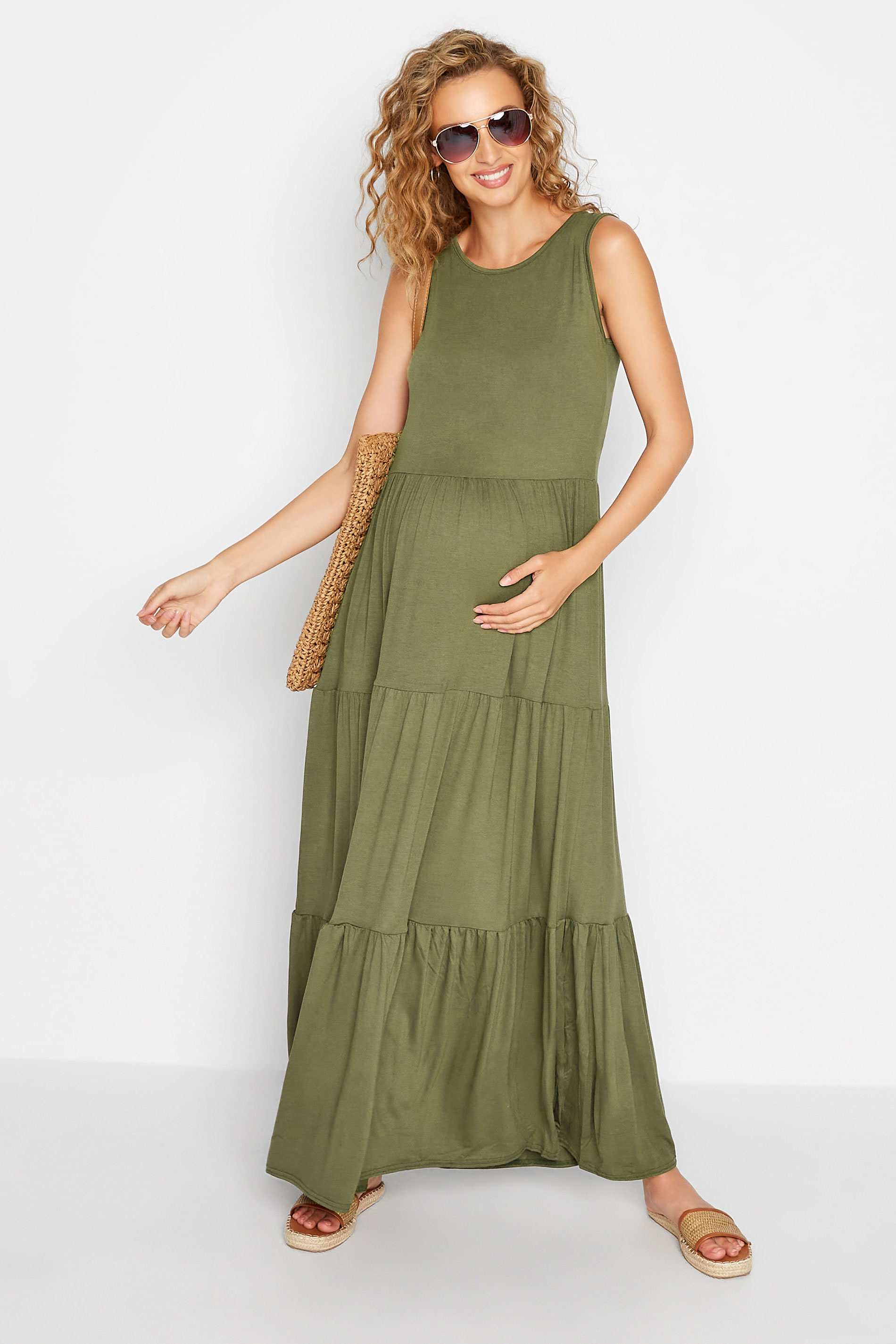 LTS Maternity Khaki Green Tiered Maxi Dress | Long Tall Sally 1