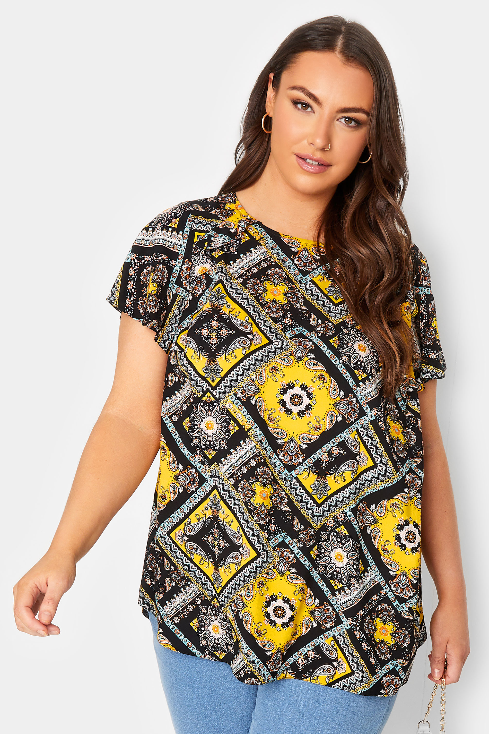 YOURS Plus Size Black Paisley Print Frill Blouse | Yours Clothing 1