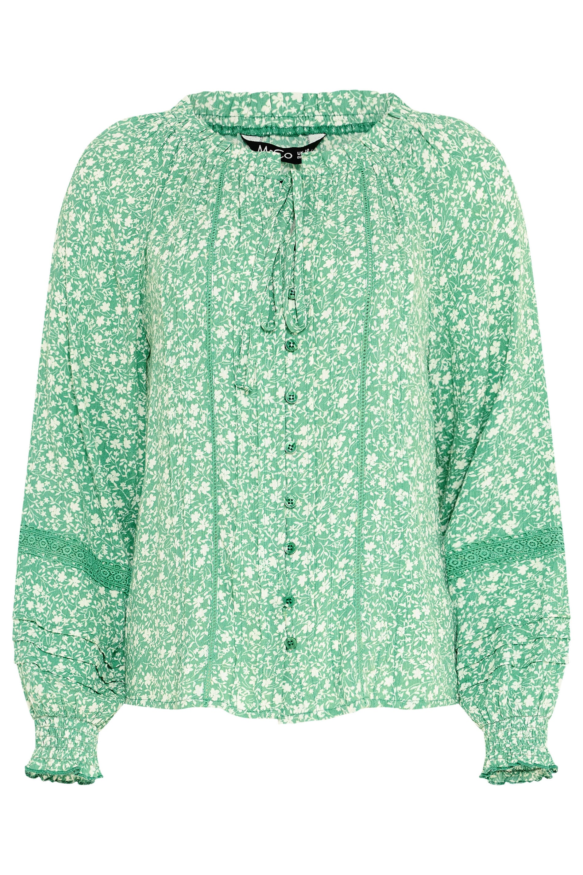 M&Co Green Floral Trim Detail Tie Neck Blouse | M&Co 6