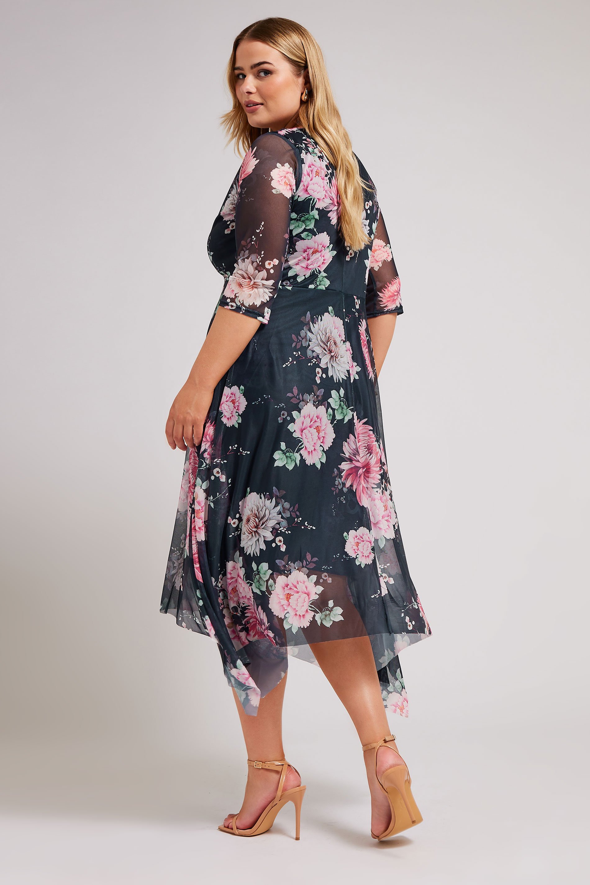 YOURS LONDON Plus Size Black Floral Print Wrap Midi Dress | Yours Clothing