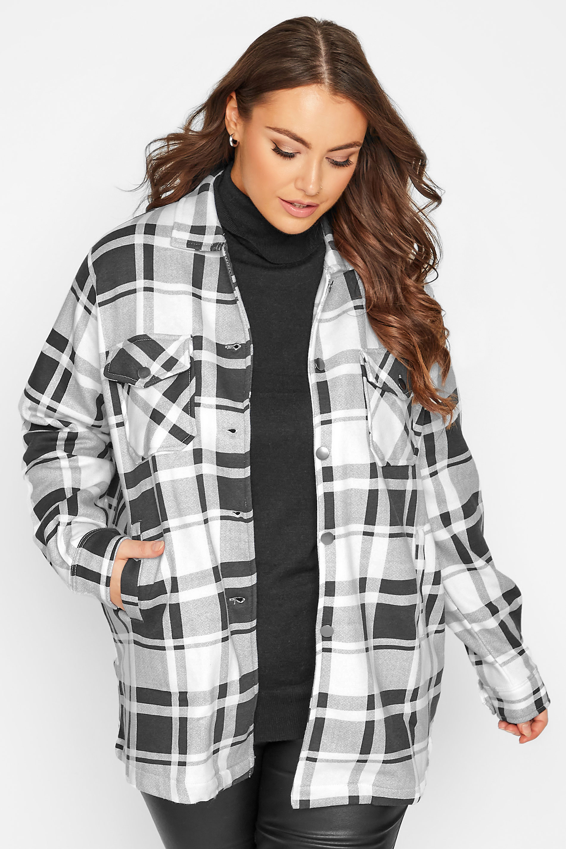 Curve Black & White Check Sweat Shacket | Yours Clothing 1