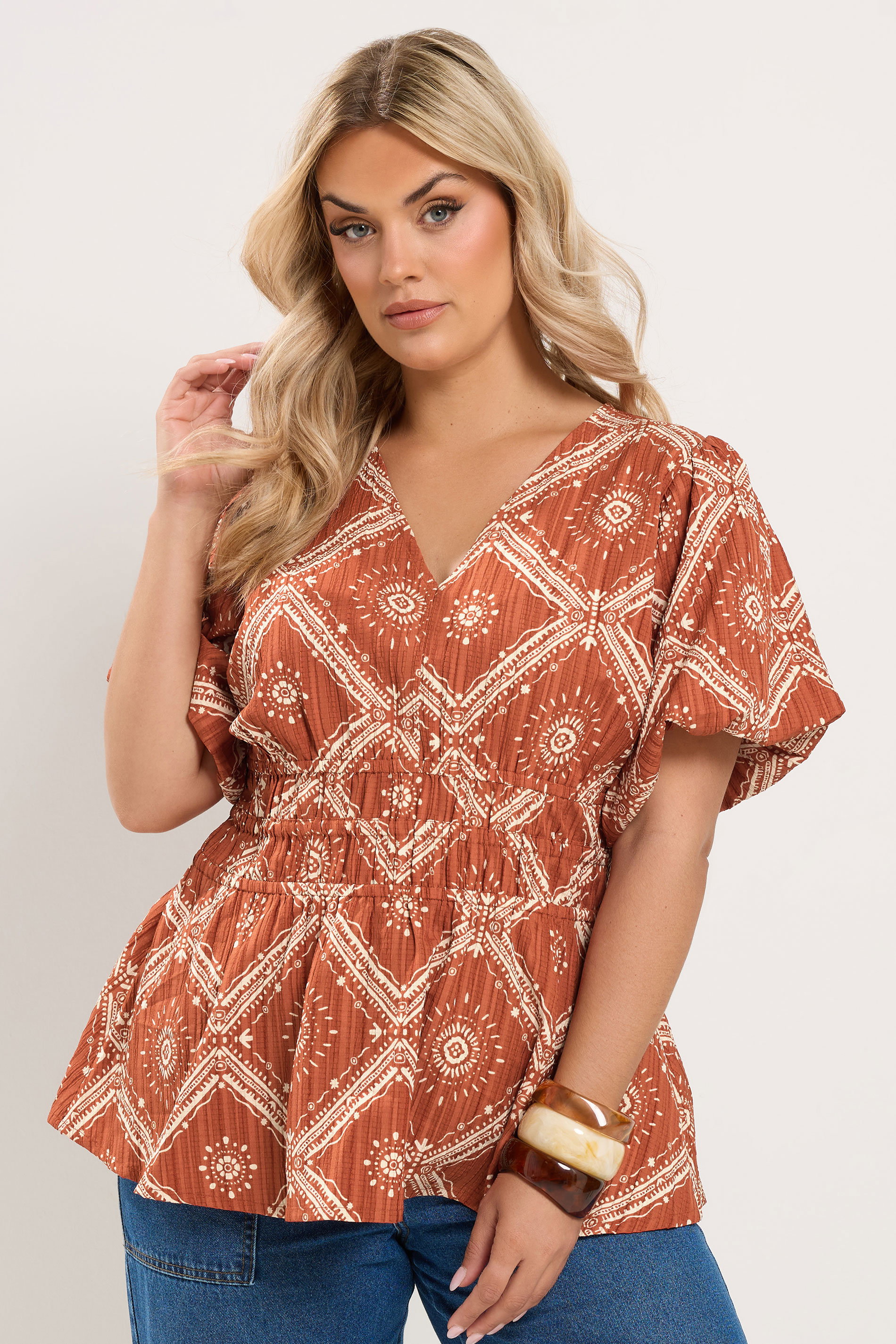 YOURS Plus Size Orange Abstract Puff Sleeve Blouse | Yours Clothing 3