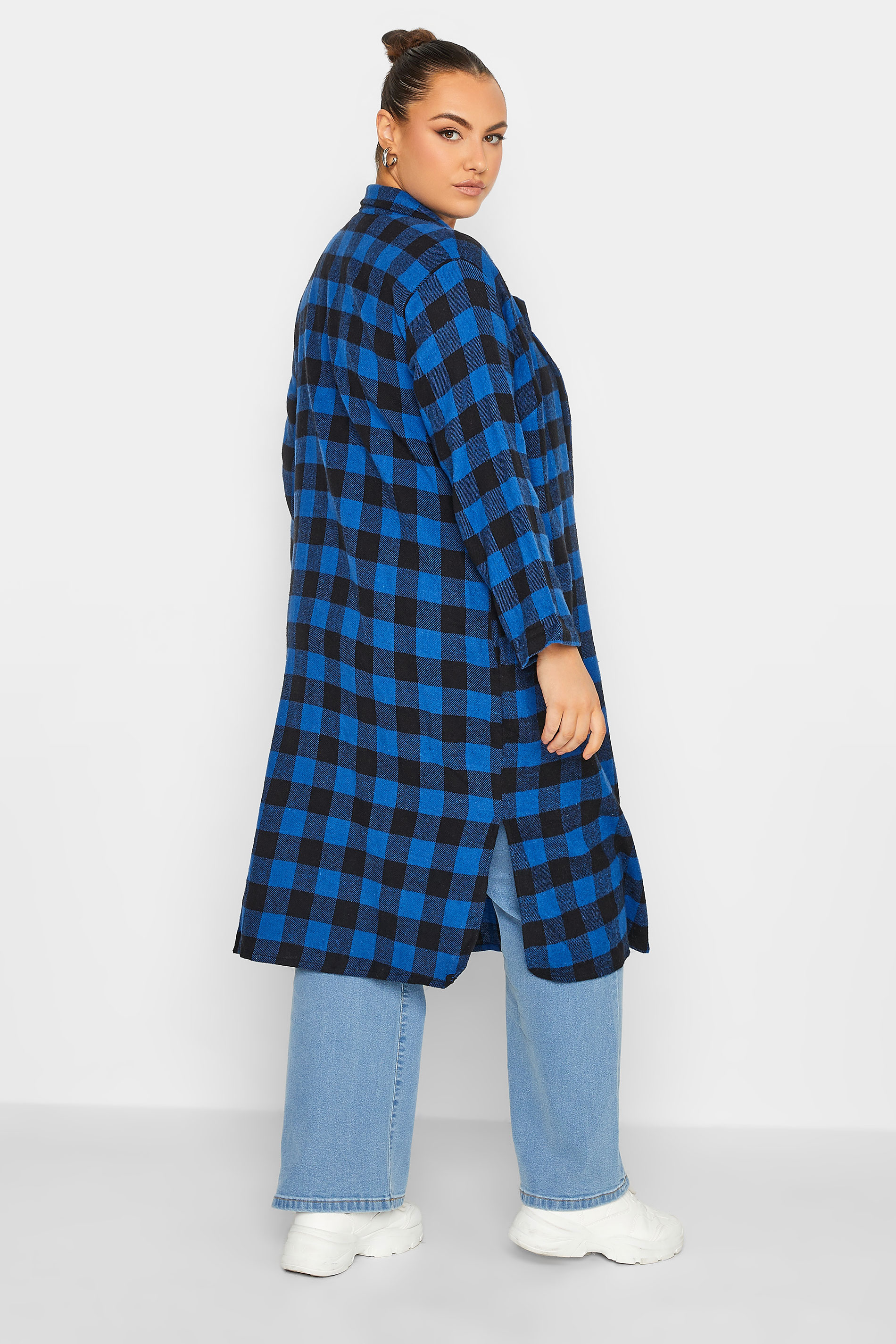LIMITED COLLECTION Plus Size Curve Dark Blue & Black Check Long Duster Coat | Yours Clothing 3
