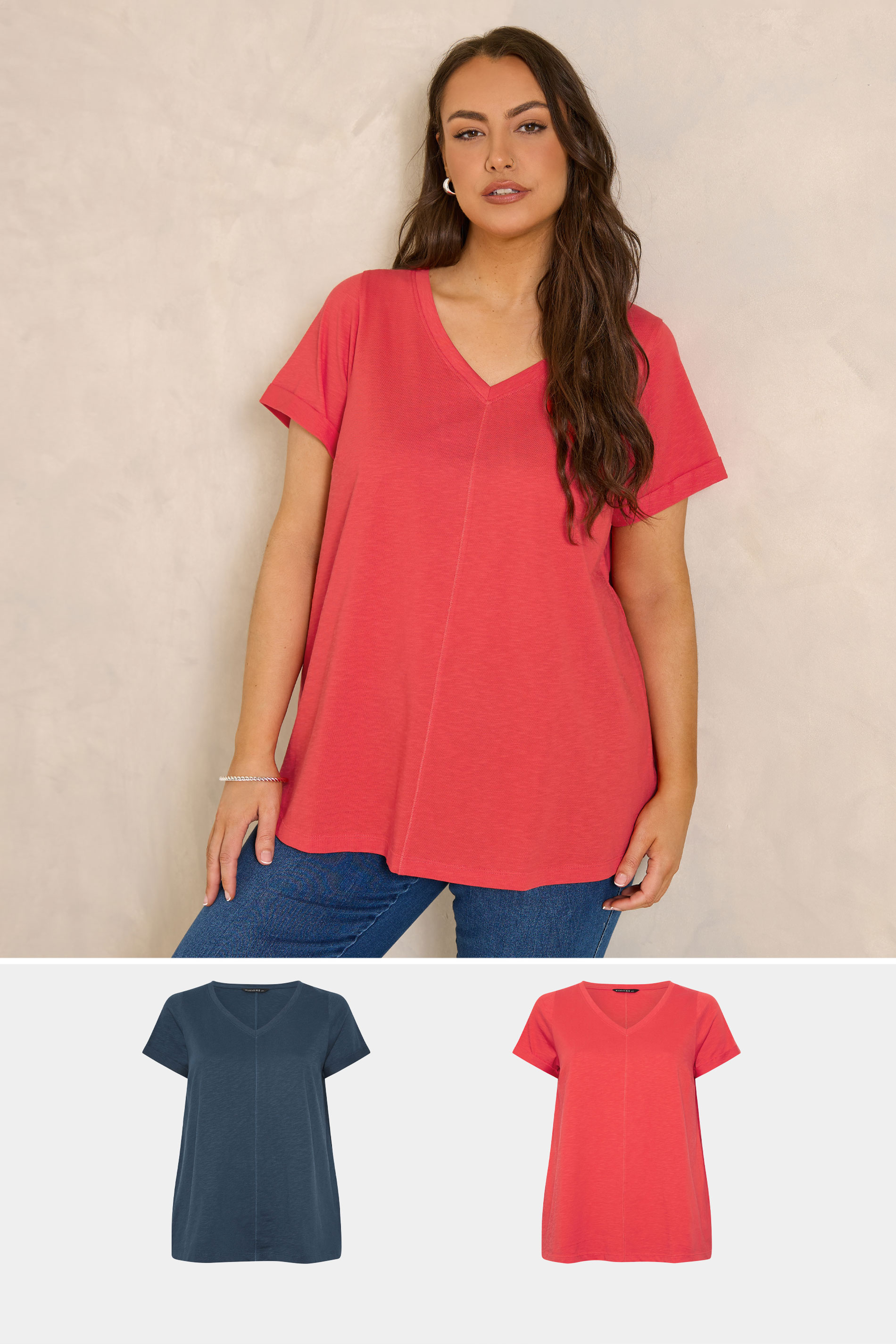 EVANS 2 Pack Plus Size Red & Navy Blue Cotton T-Shirts | Evans 3
