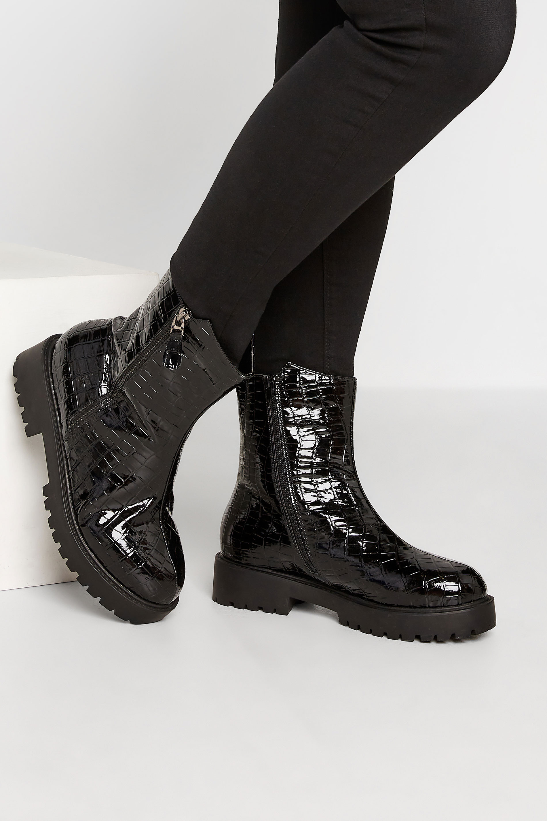 Black Croc Patent Side Zip Boots In Extra Wide EEE Fit | Yours Clothing 1
