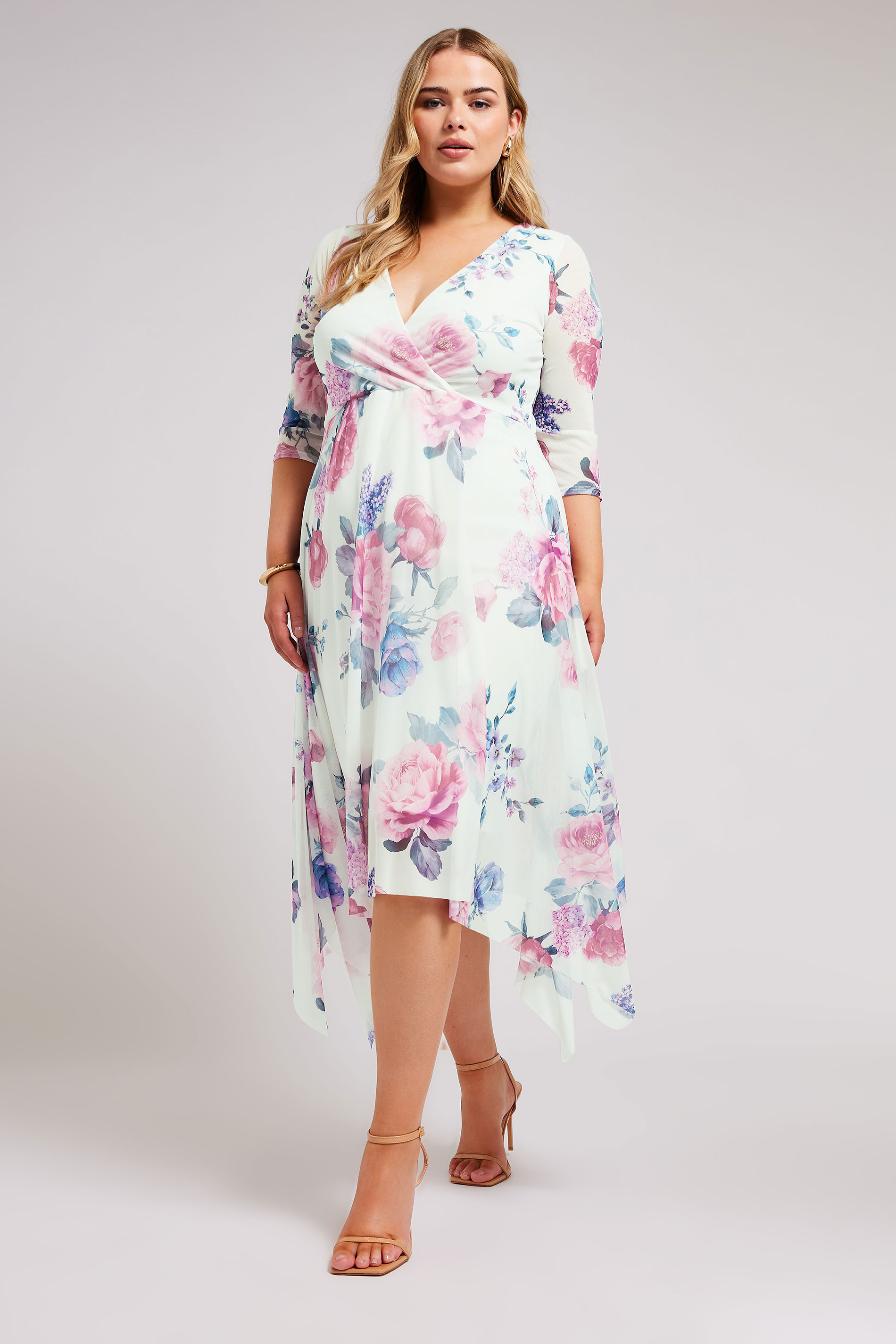 YOURS LONDON Plus Size White Floral Print Mesh Wrap Dress | Yours Clothing 3