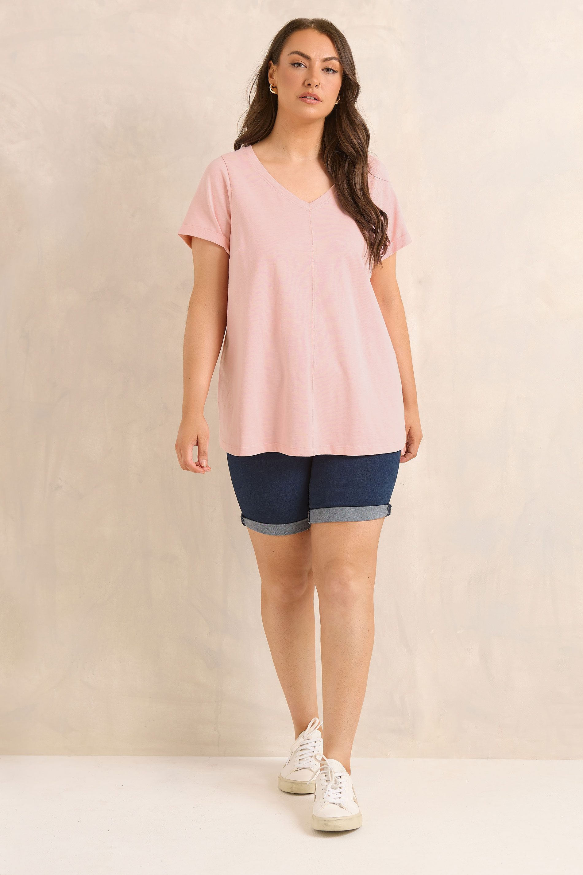 EVANS Plus Size Blush Pink V-Neck Cotton T-Shirt | Evans 1