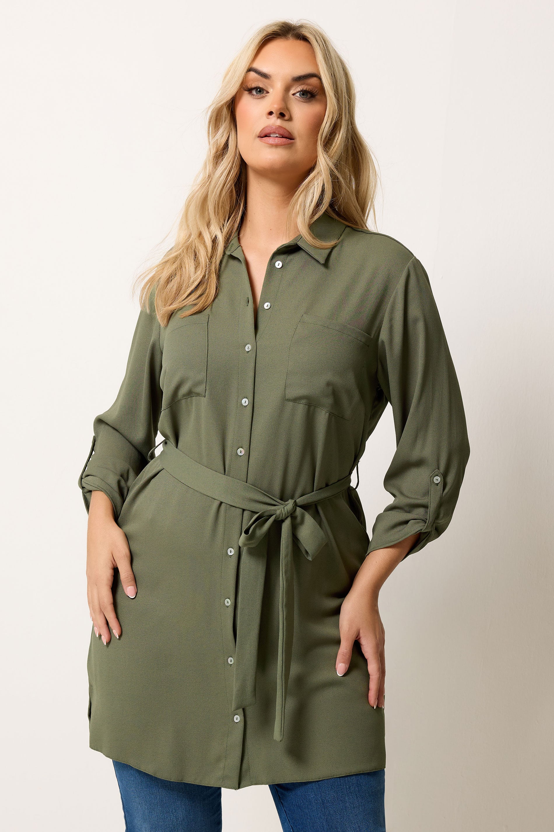 YOURS Plus Size Khaki Green Belted Tunic Shirt | Yours Clothing 3