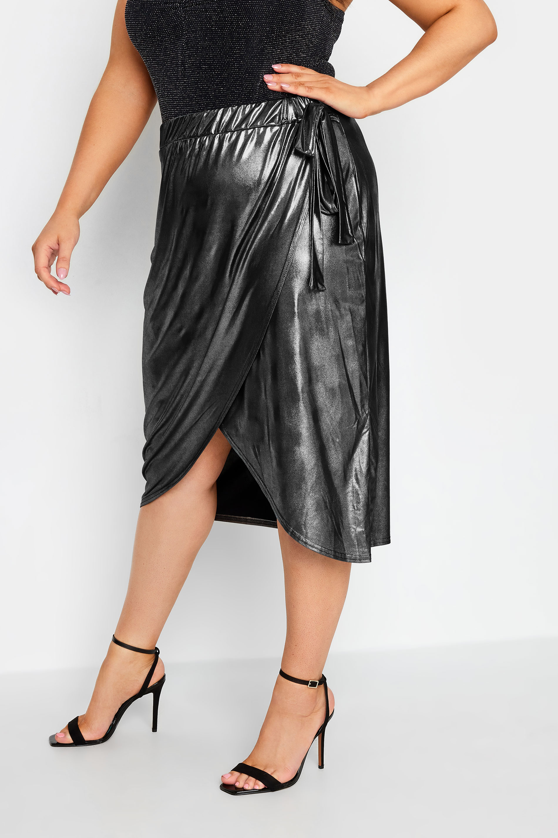 LIMITED COLLECTION Plus Size Silver Foil Wrap Skirt | Yours Clothing 1