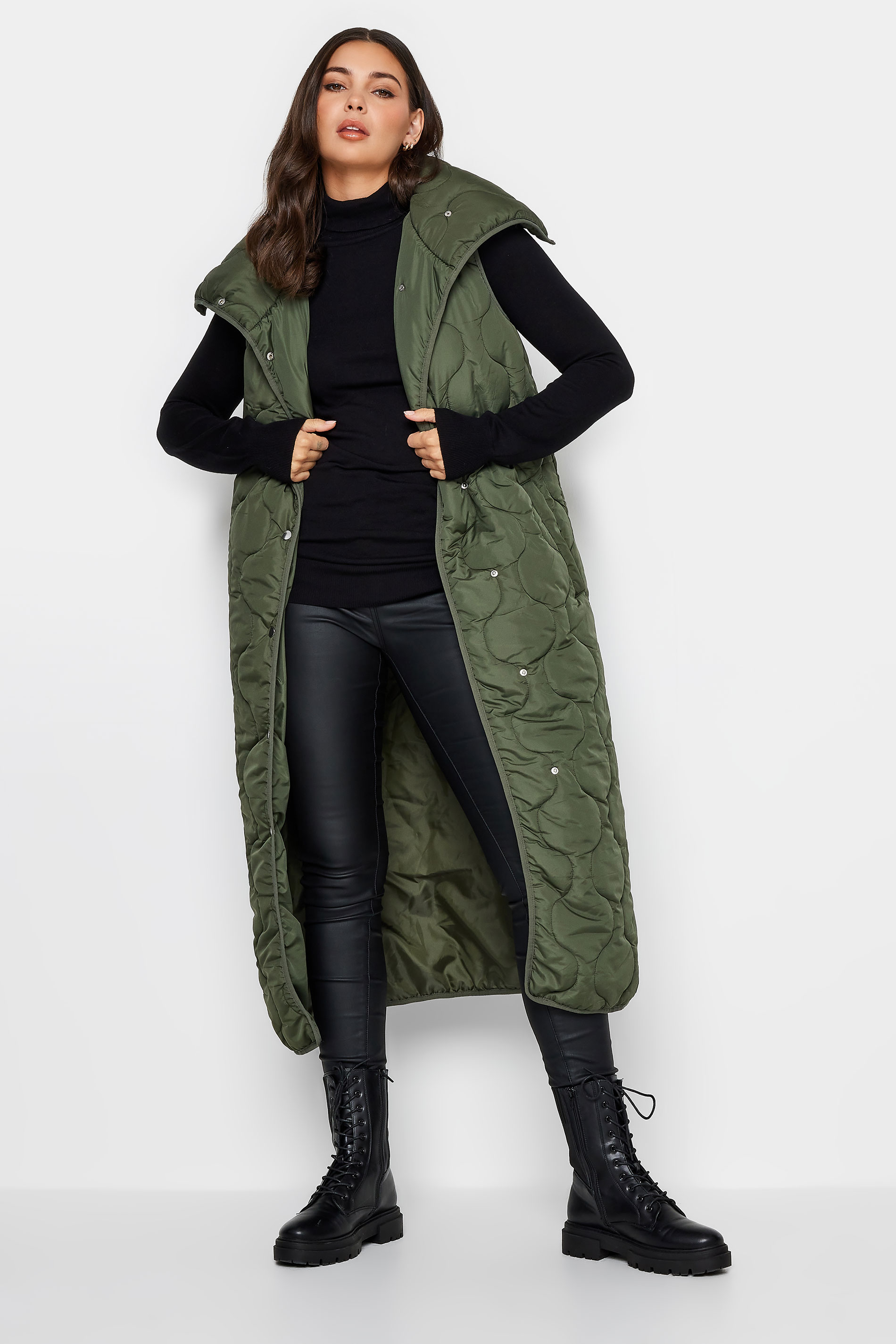 LTS Tall Olive Green Funnel Neck Quilted Longline Gilet | Long Tall Sally 2