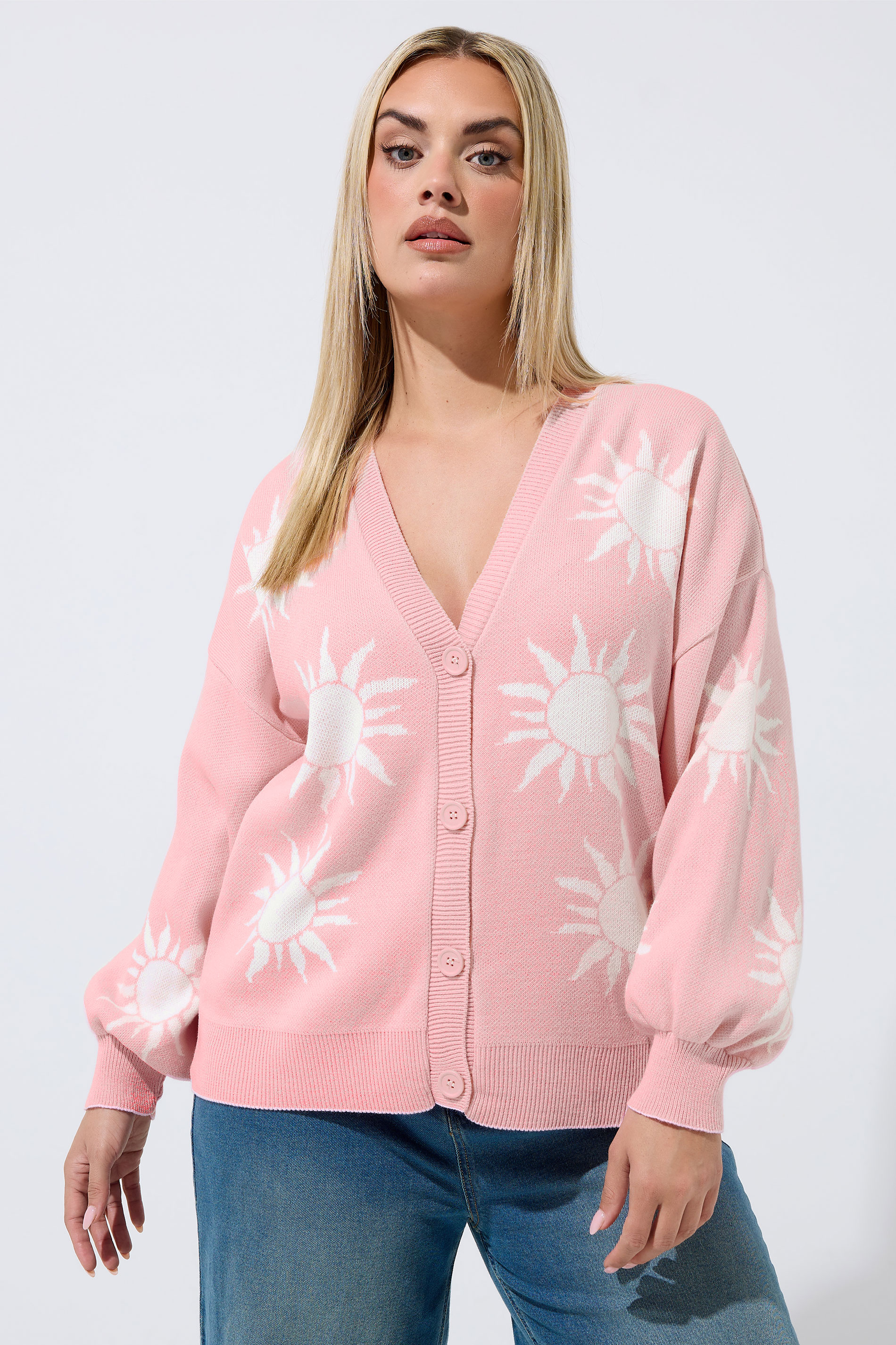 LIMITED COLLECTION Plus Size Pink Sun Balloon Sleeve Knitted Cardigan | Yours Clothing 3