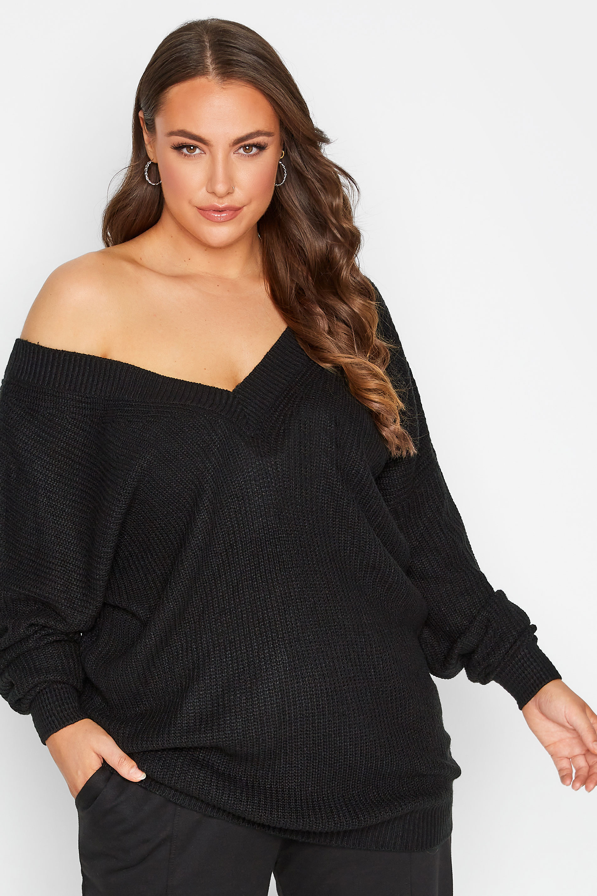 Plus Size Curve Black V-Neck Knitted Jumper | Yours Clothing 1