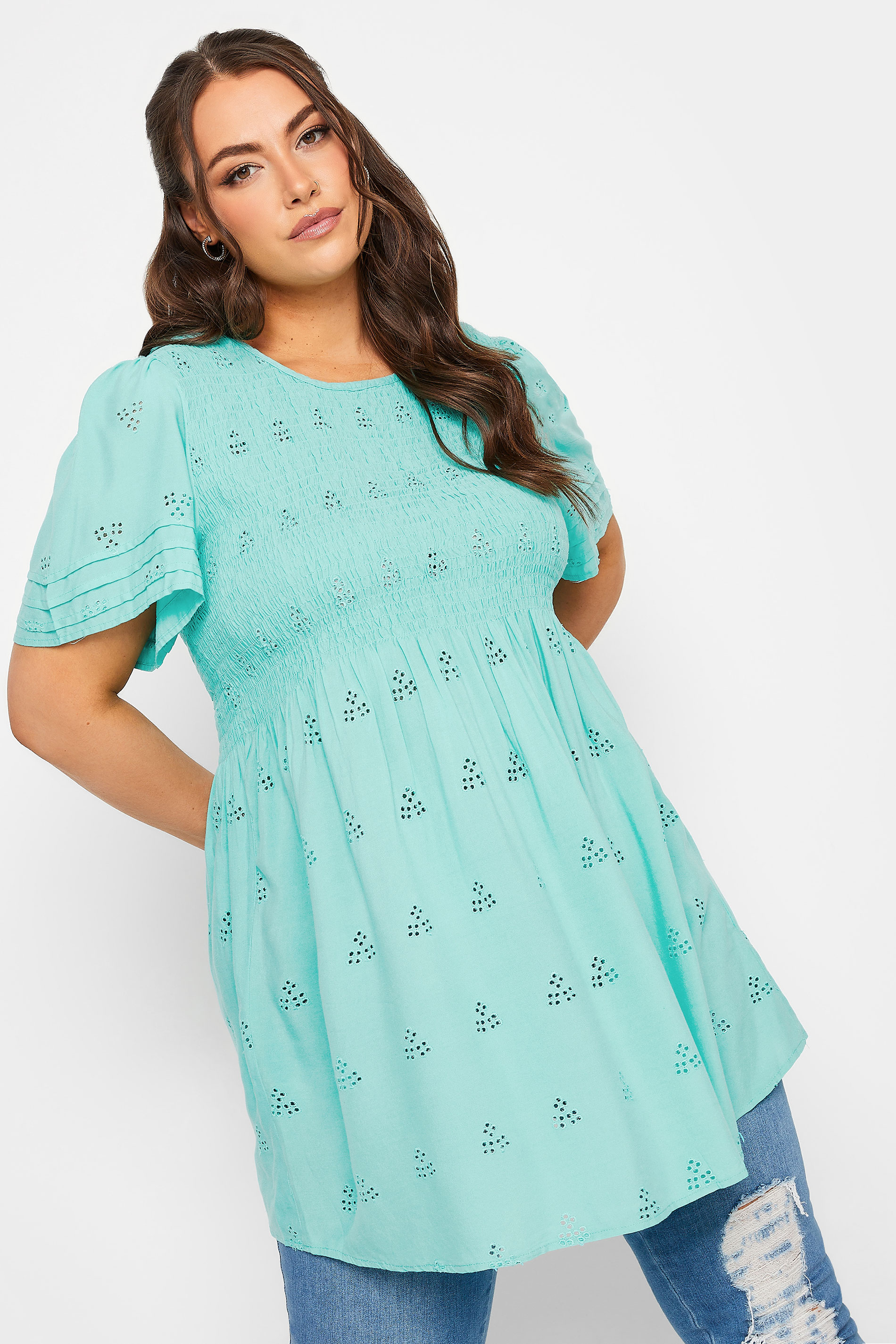 LIMITED COLLECTION Plus Size Blue Embroidered Shirred Top | Yours Clothing 1