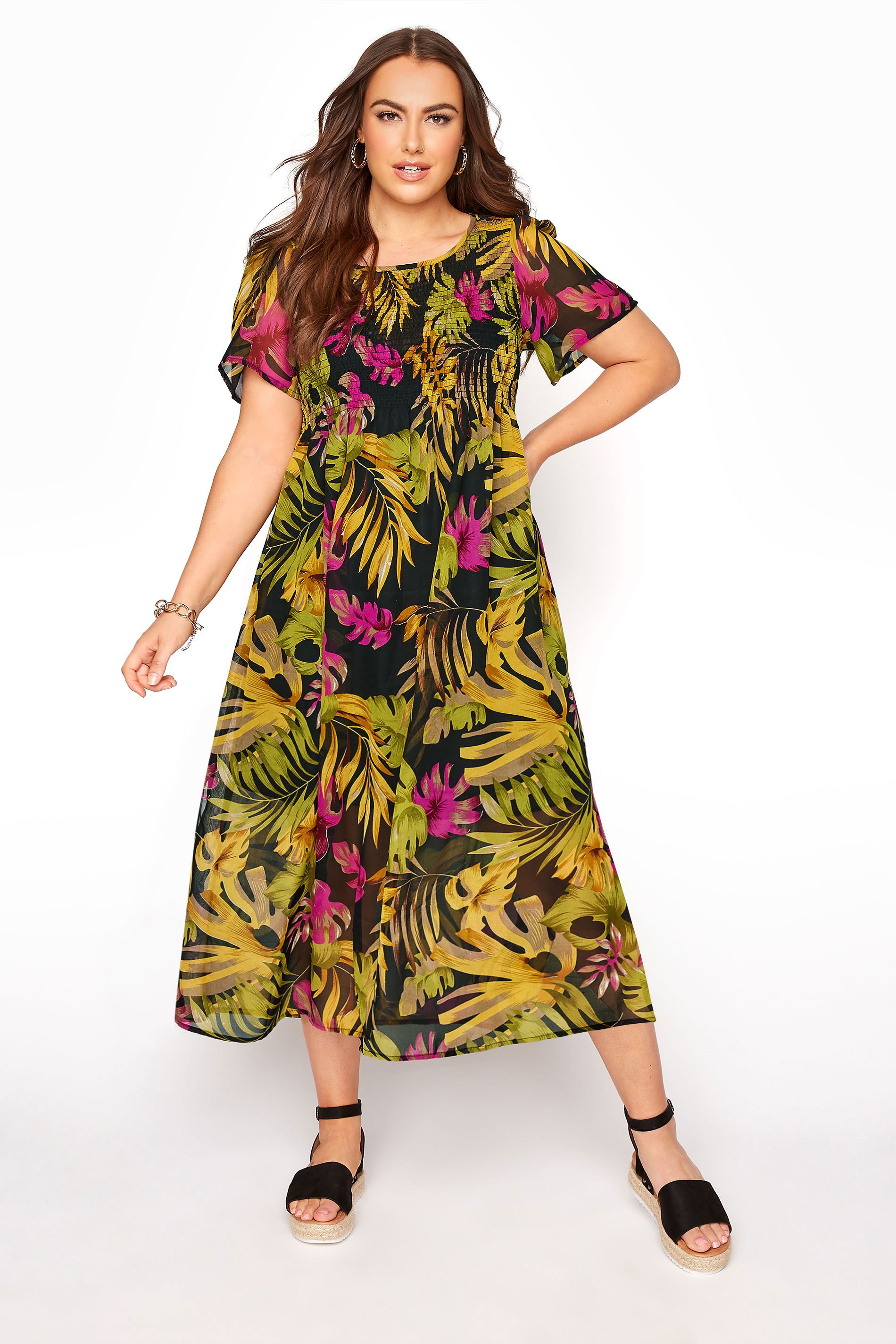 Black Tropical Leaf Shirred Maxi Dress | Yours Clothing