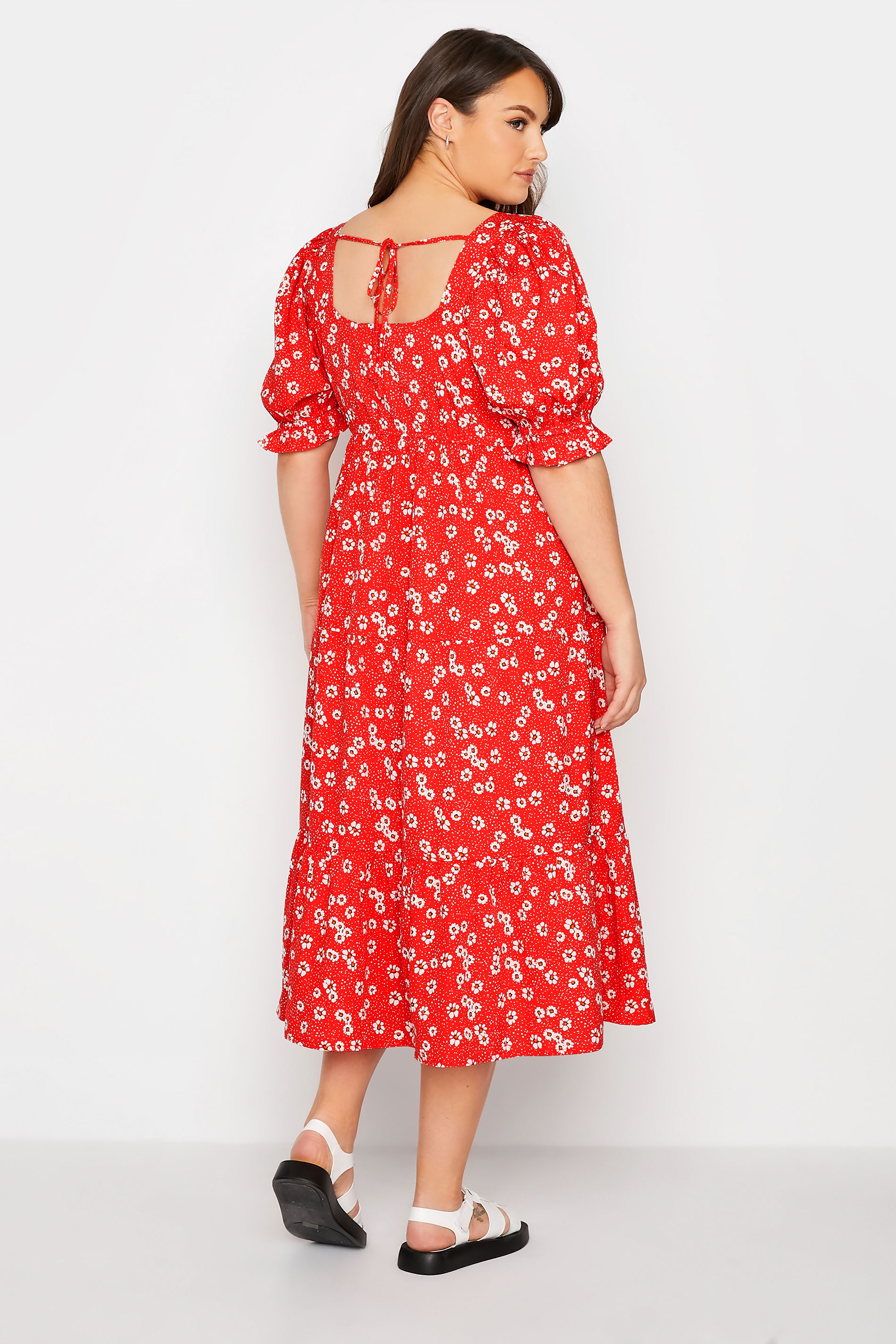 LIMITED COLLECTION Plus Size Red Floral Print Puff Sleeve Midi Dress | Yours Clothing 3